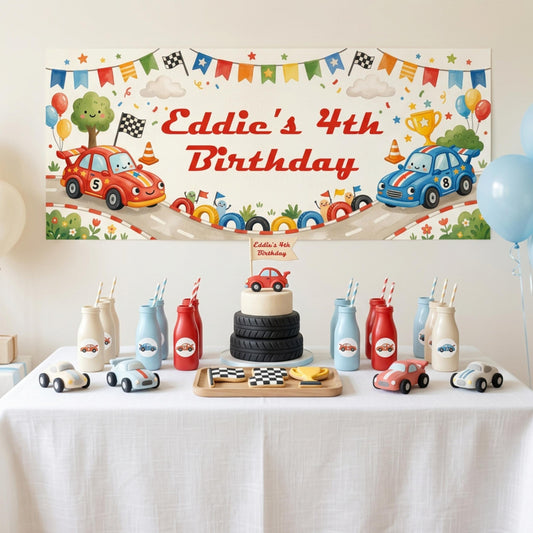 Personalised Racing Cars Birthday Banner - Kids Party Backdrop