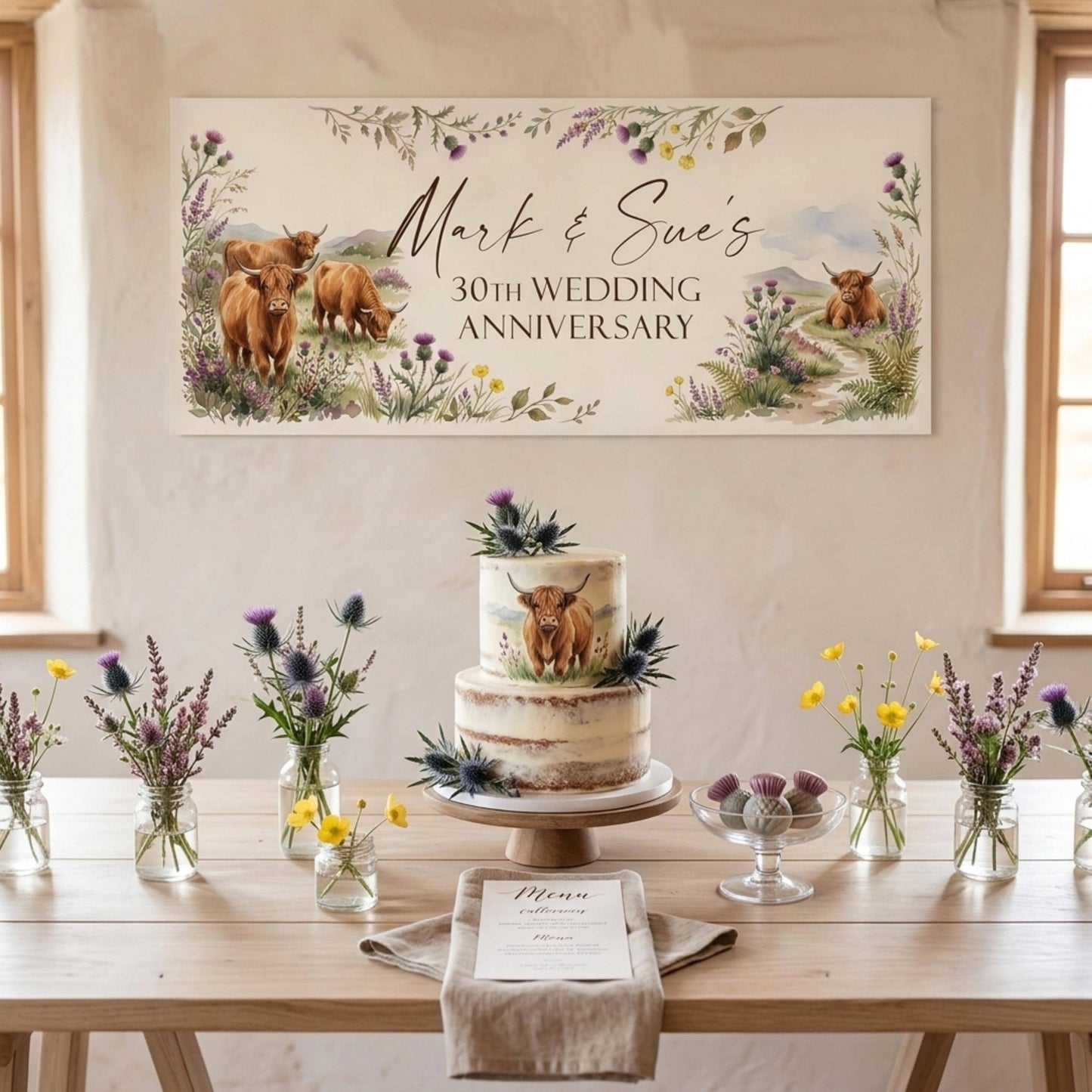 Personalised Highland Cow Banner - Birthday, Baby Shower, Anniversary Wall Decor
