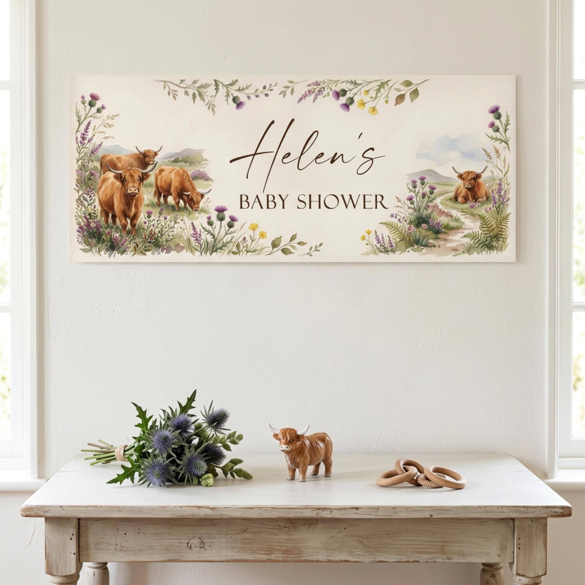 Personalised Highland Cow Banner - Birthday, Baby Shower, Anniversary Wall Decor
