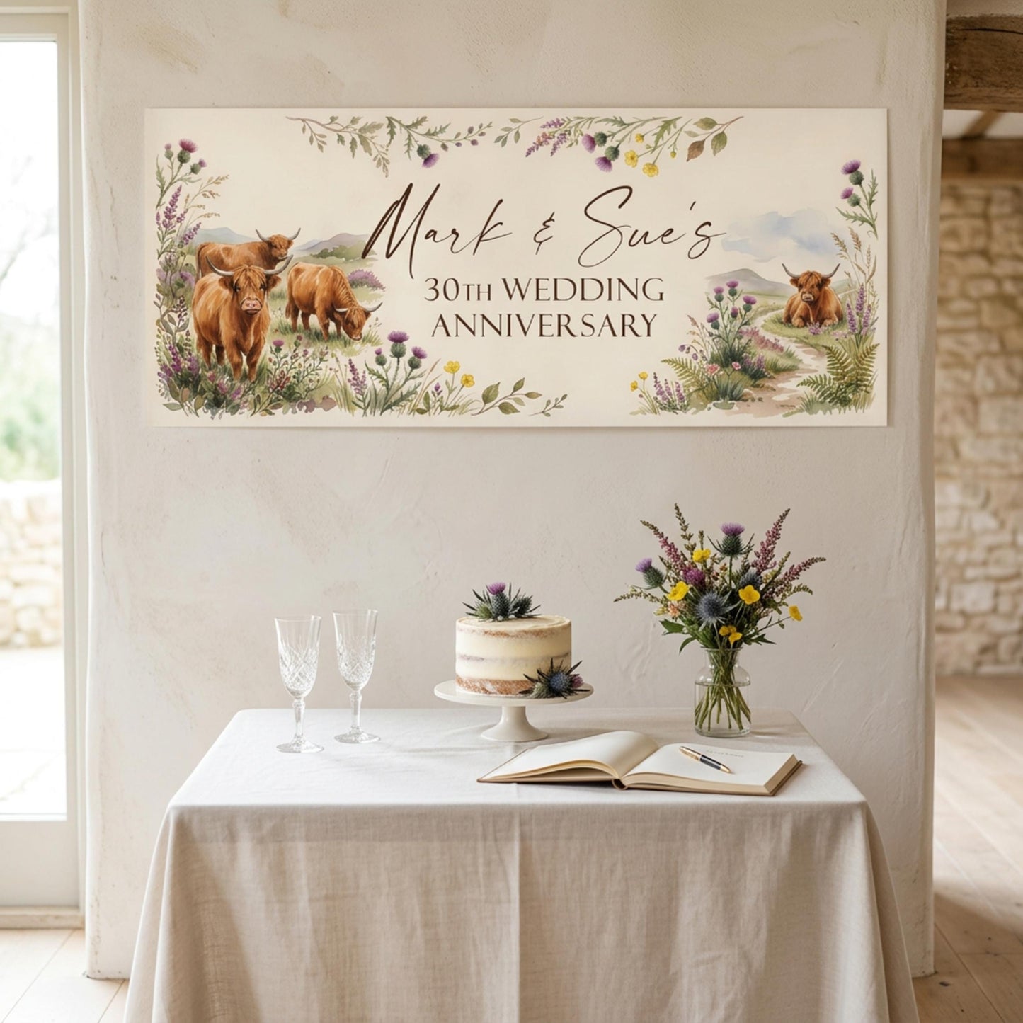 Personalised Highland Cow Banner - Birthday, Baby Shower, Anniversary Wall Decor
