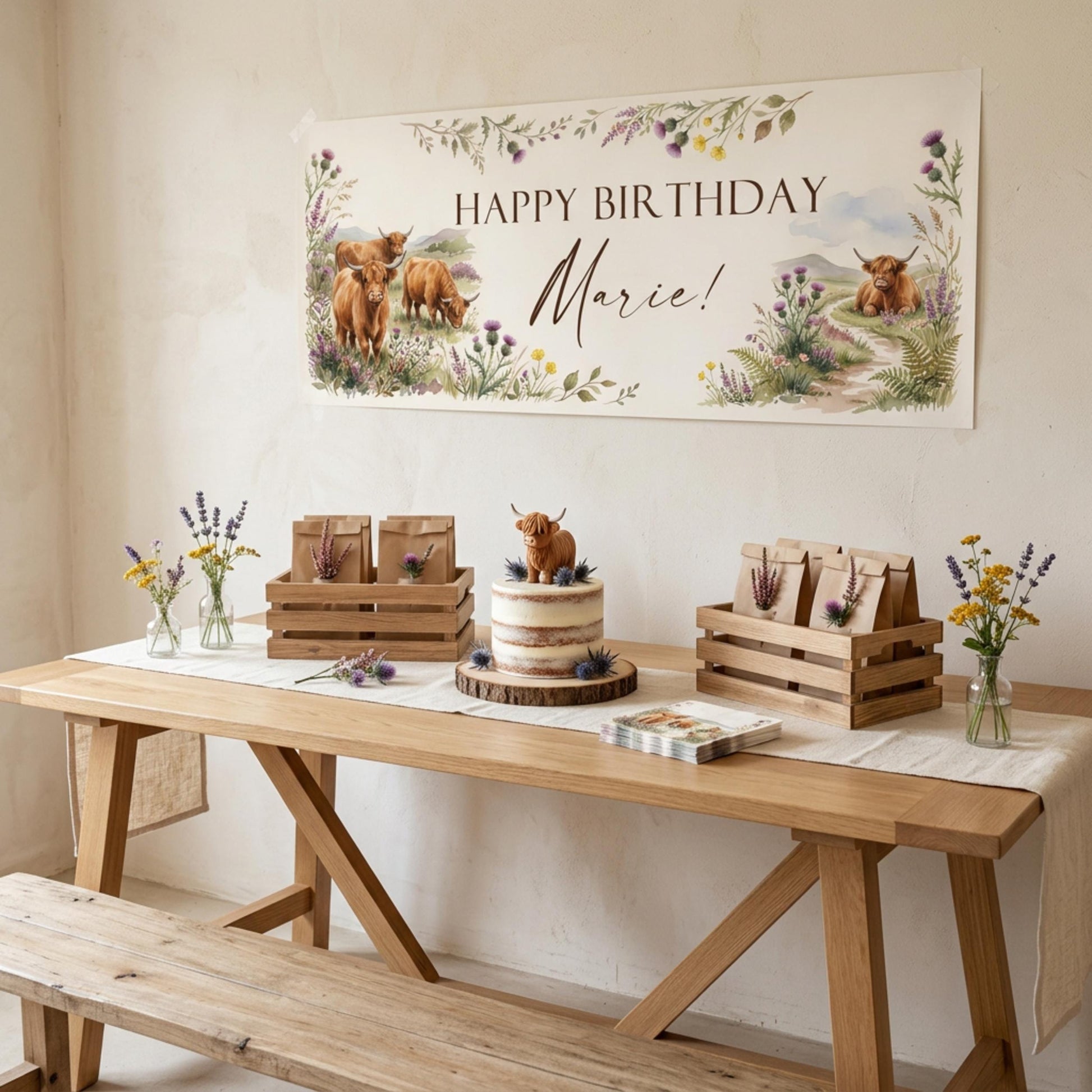 Personalised Highland Cow Banner - Birthday, Baby Shower, Anniversary Wall Decor