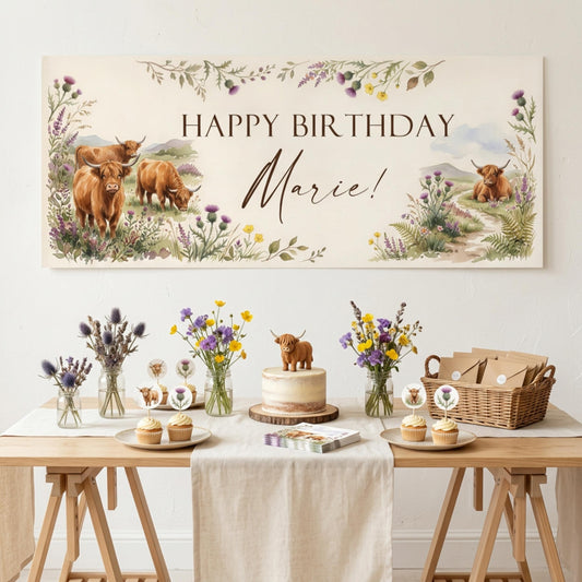Personalised Highland Cow Banner - Birthday, Baby Shower, Anniversary Wall Decor