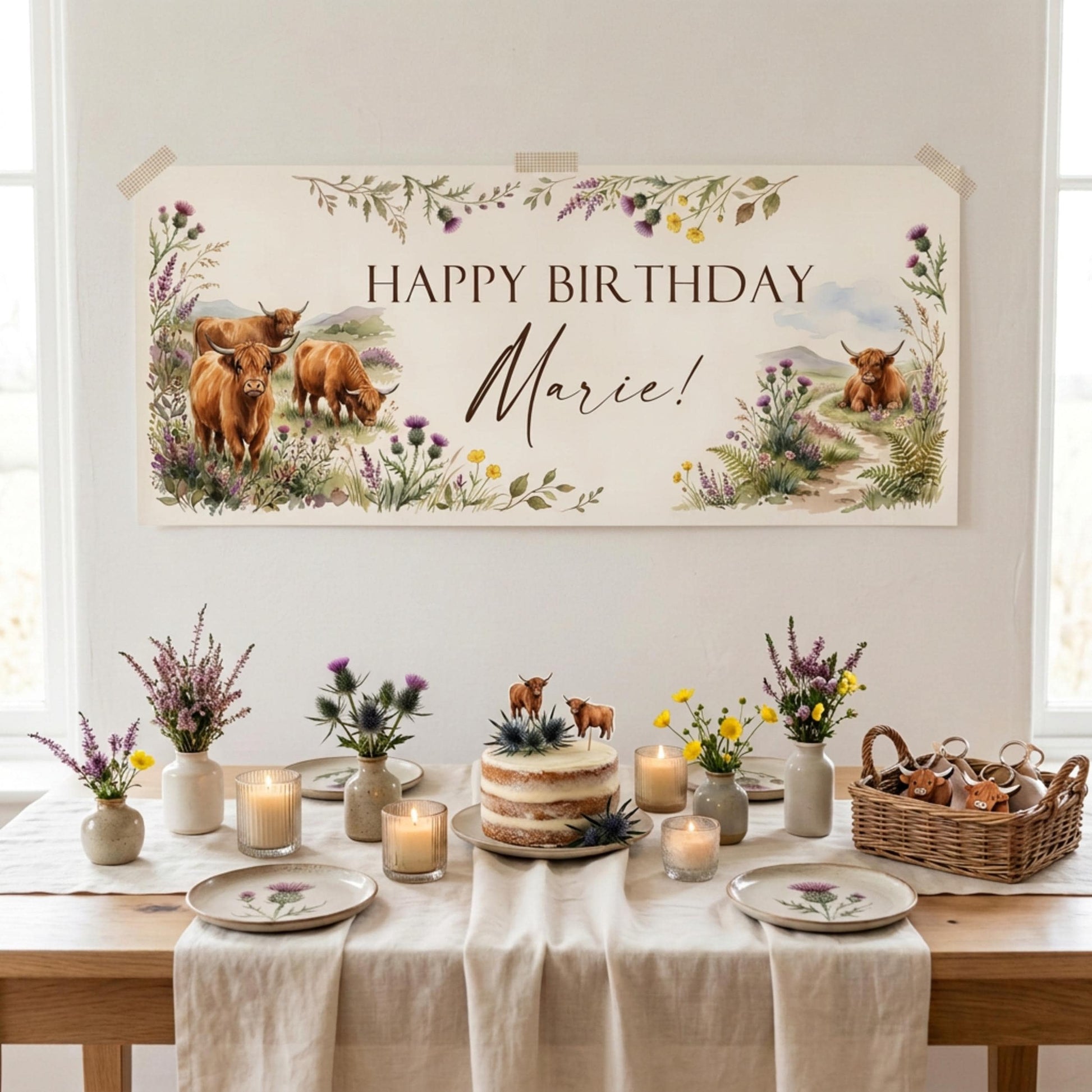 Personalised Highland Cow Banner - Birthday, Baby Shower, Anniversary Wall Decor