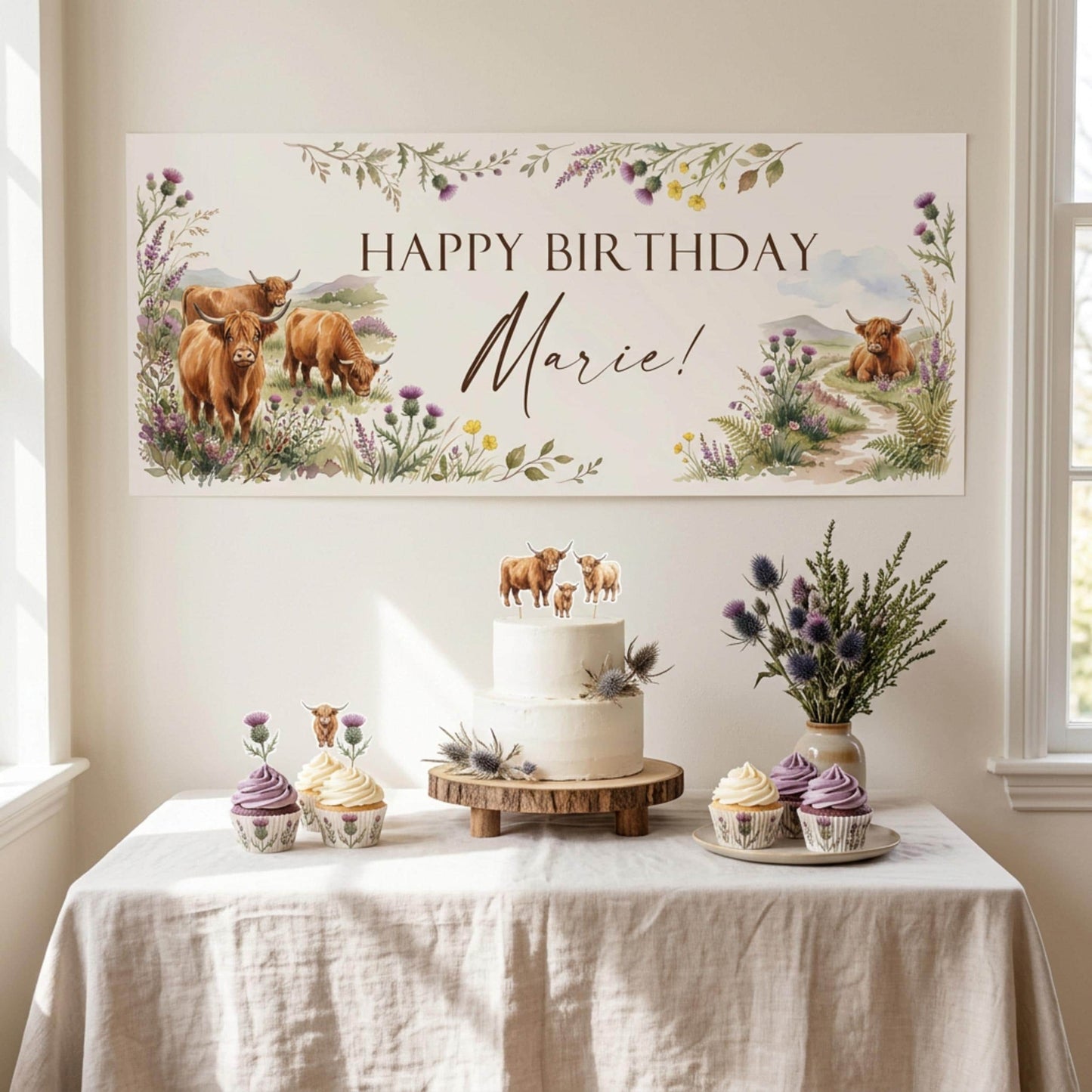 Personalised Highland Cow Banner - Birthday, Baby Shower, Anniversary Wall Decor