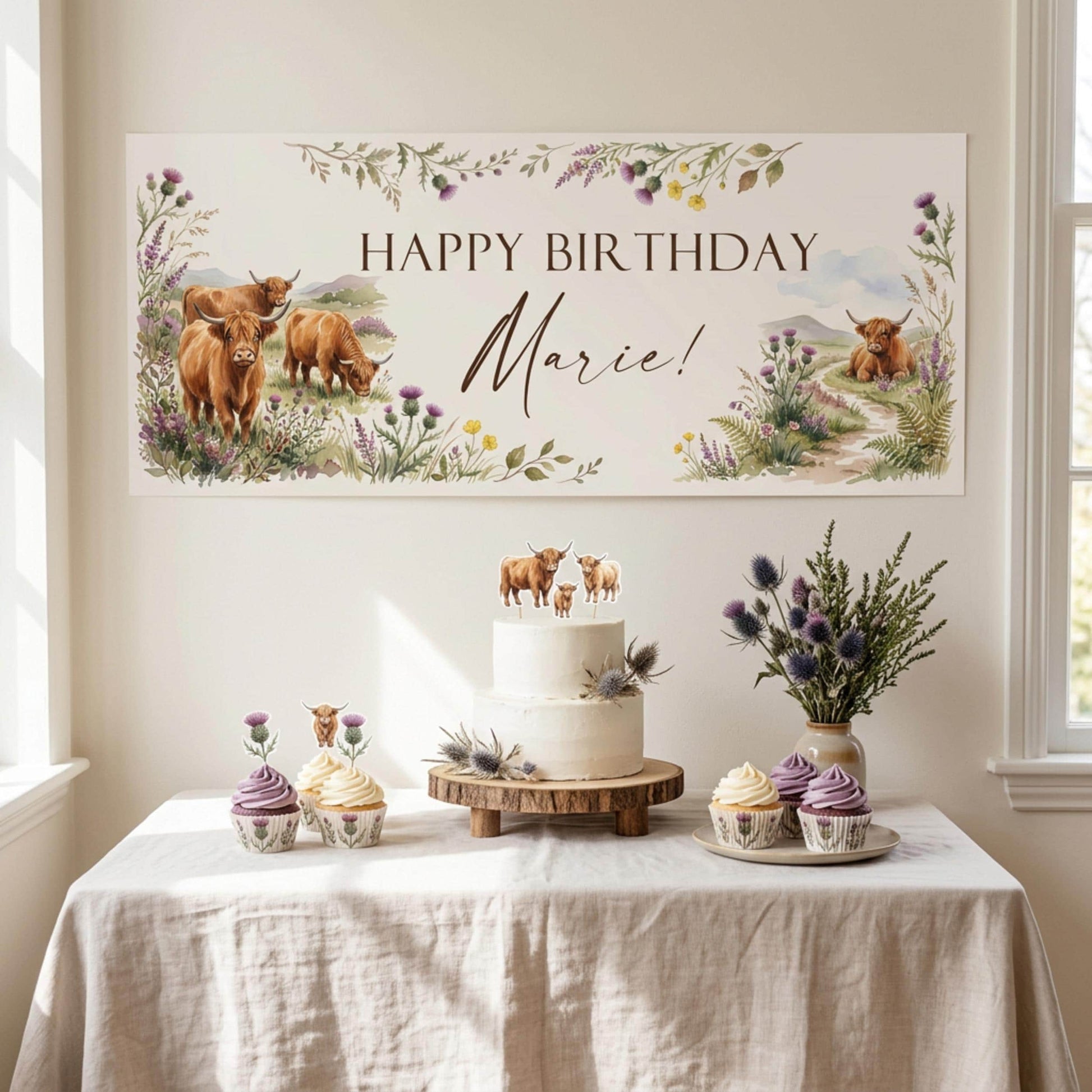 Personalised Highland Cow Banner - Birthday, Baby Shower, Anniversary Wall Decor