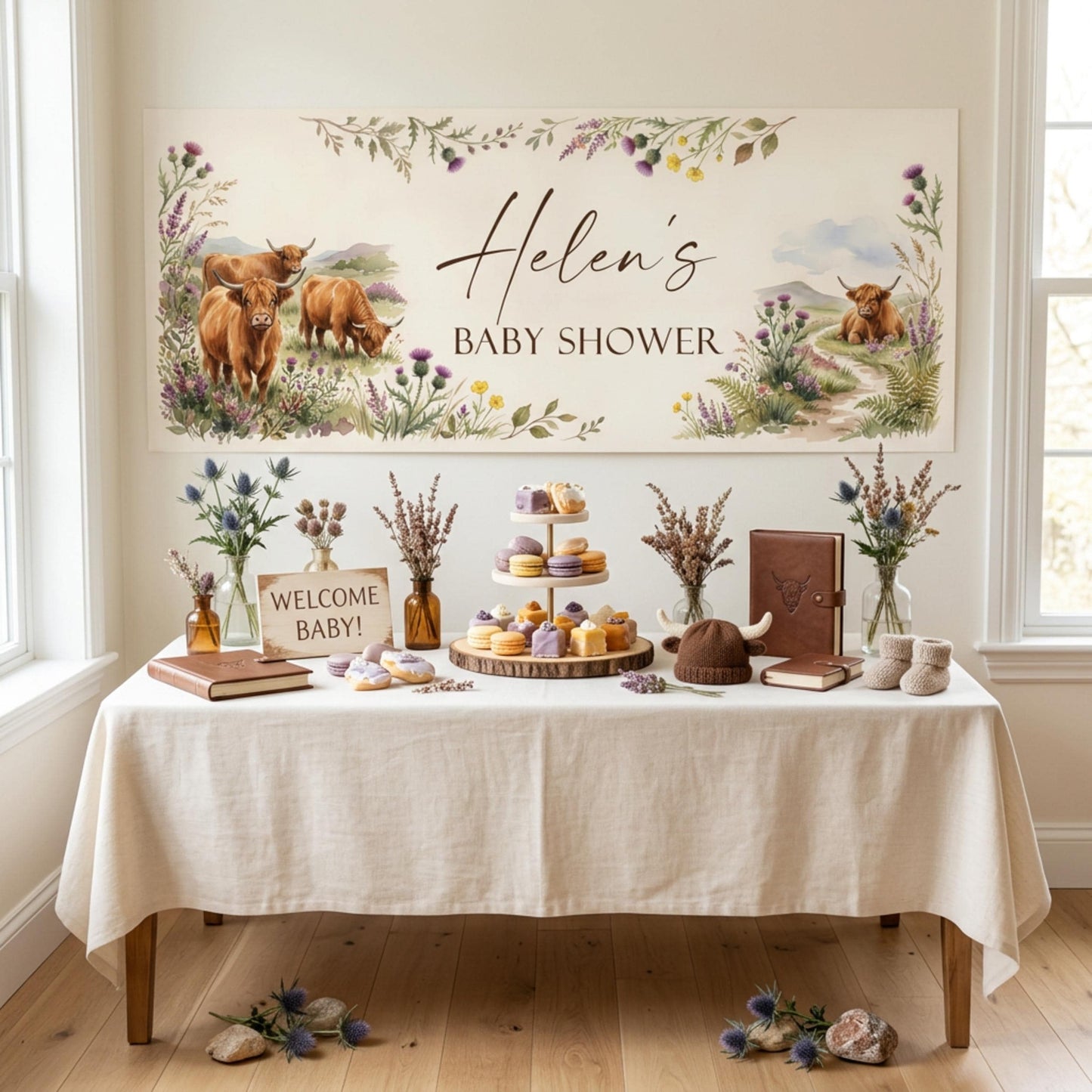 Personalised Highland Cow Banner - Birthday, Baby Shower, Anniversary Wall Decor