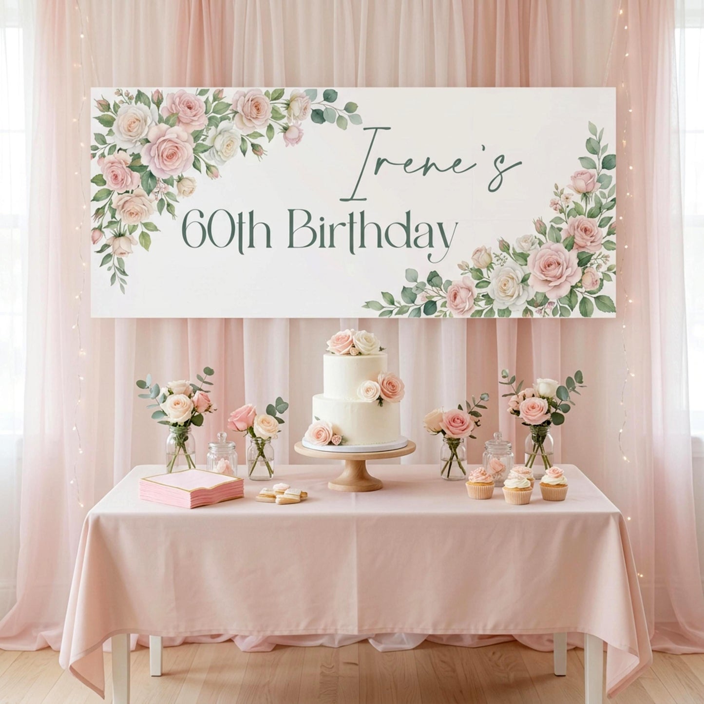 Personalised Milestone Birthday Banner, Pink Roses Party Backdrop for Her, Anniversary Wall Sign