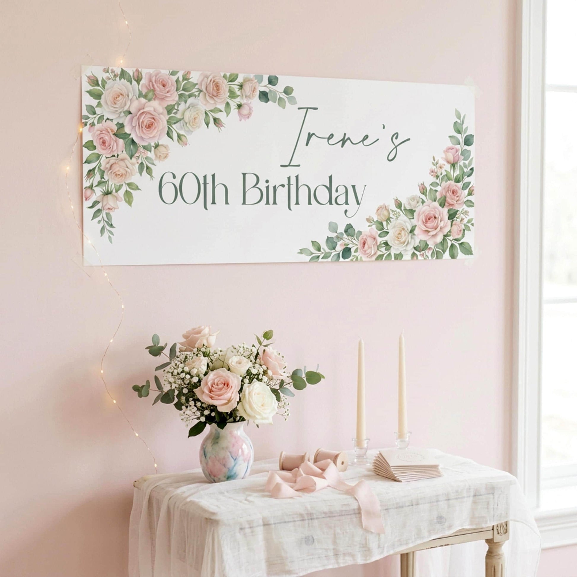 Personalised Milestone Birthday Banner, Pink Roses Party Backdrop for Her, Anniversary Wall Sign