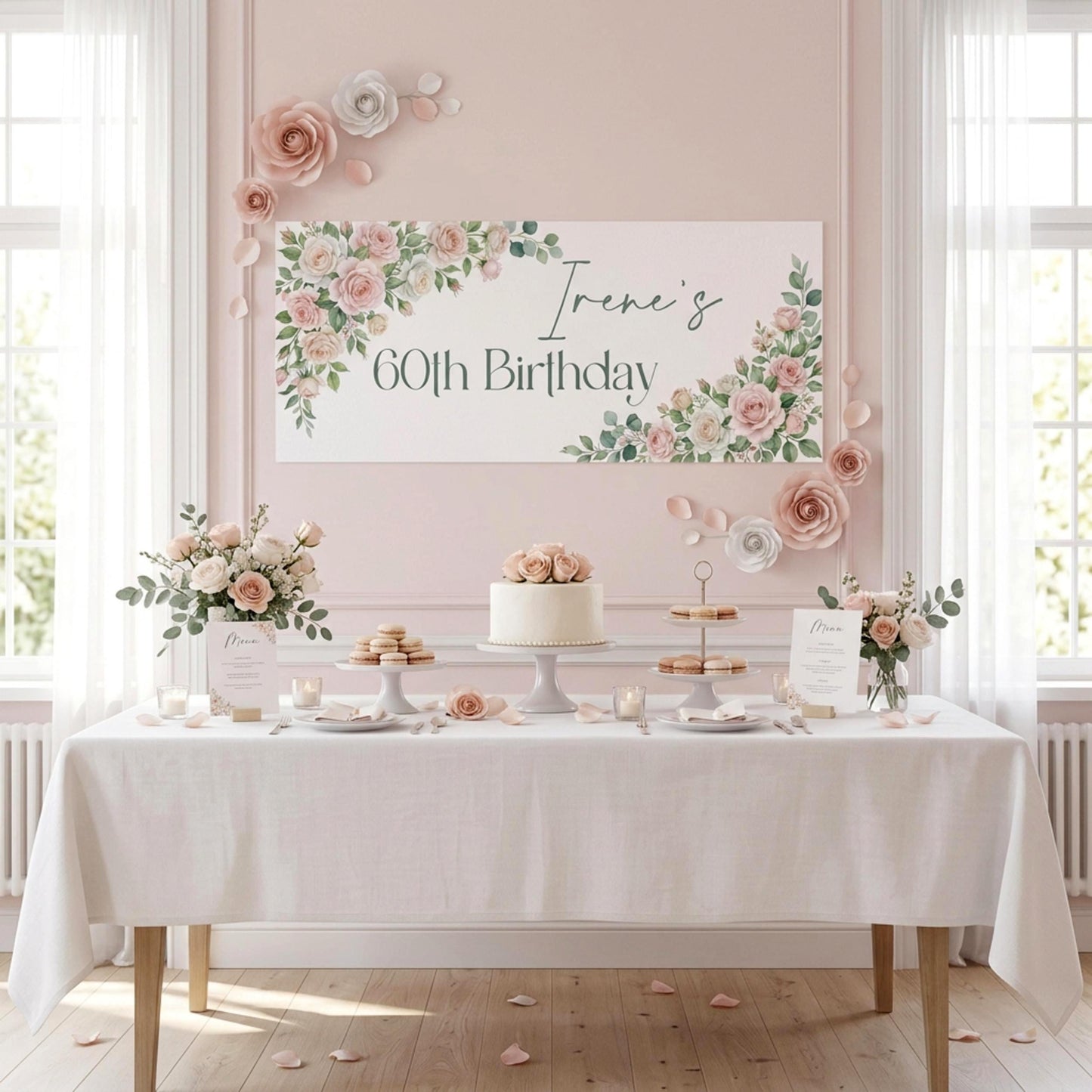 Personalised Milestone Birthday Banner, Pink Roses Party Backdrop for Her, Anniversary Wall Sign