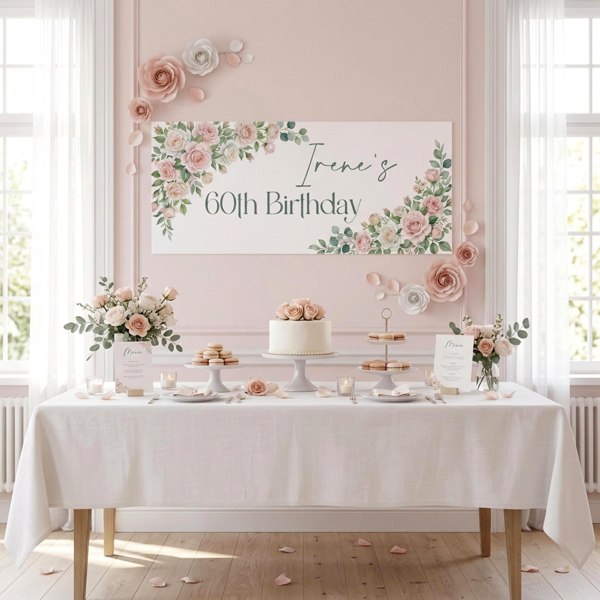Personalised Milestone Birthday Banner, Pink Roses Party Backdrop for Her, Anniversary Wall Sign