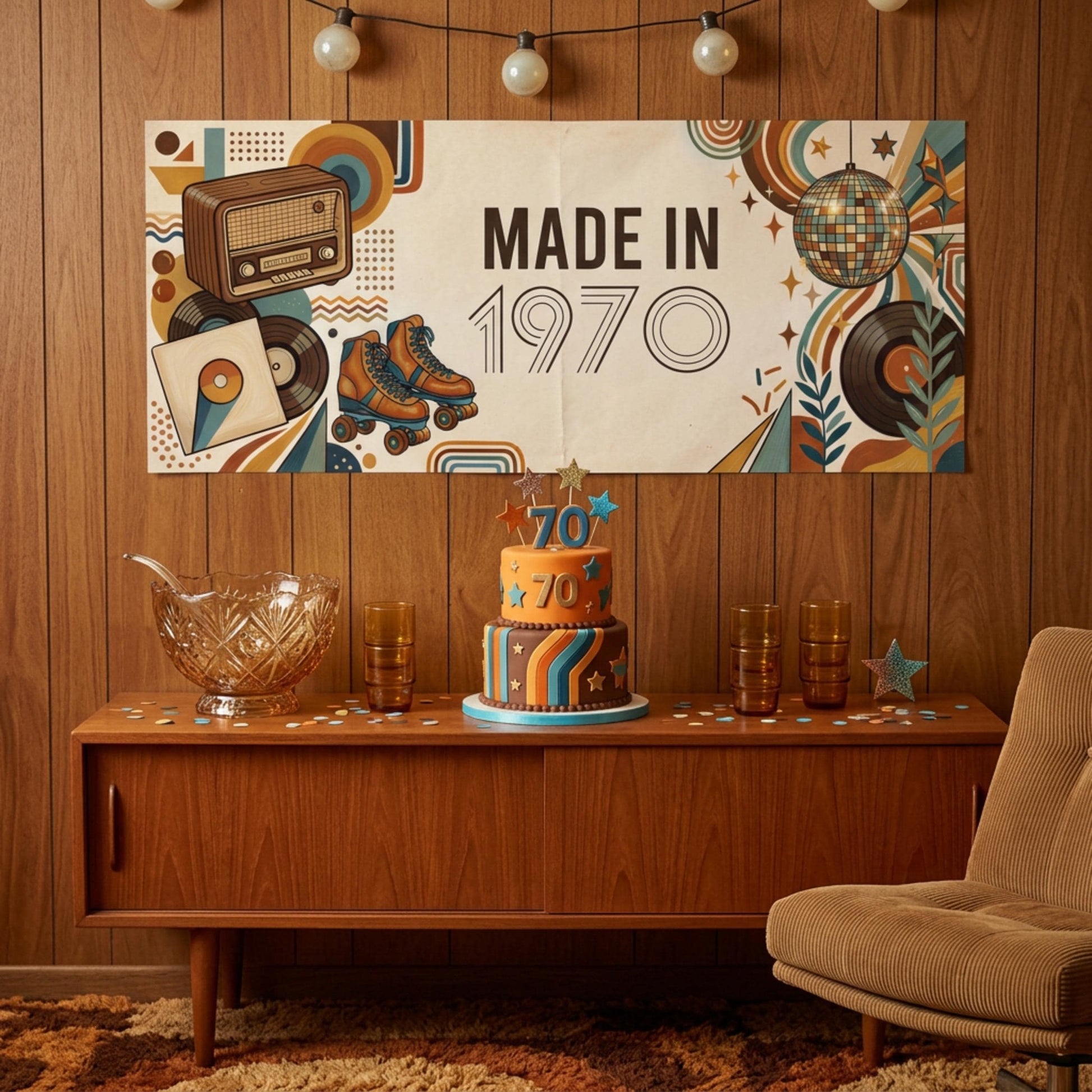 Personalised 1970s Birthday Banner - Vintage Retro Made in 1970 Party Decor