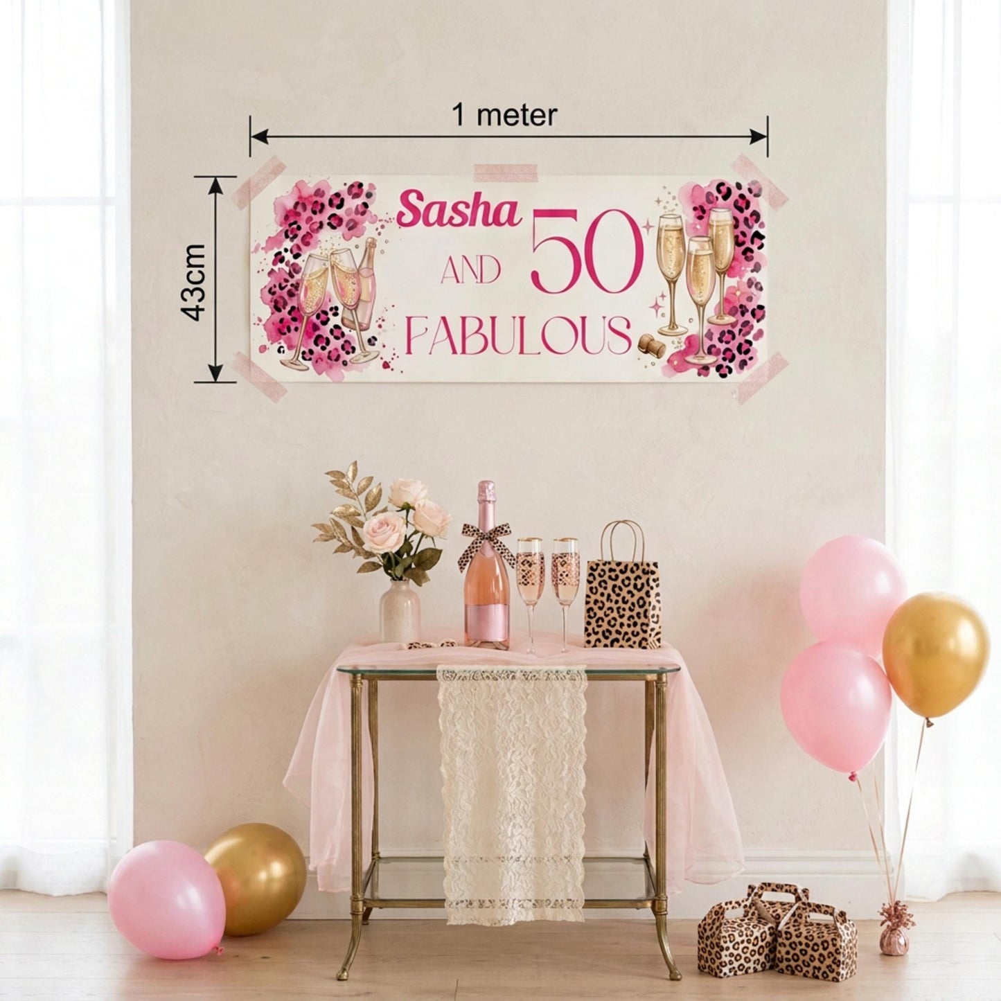 Personalised 50 and Fabulous Birthday Banner - Pink Leopard print wall decor