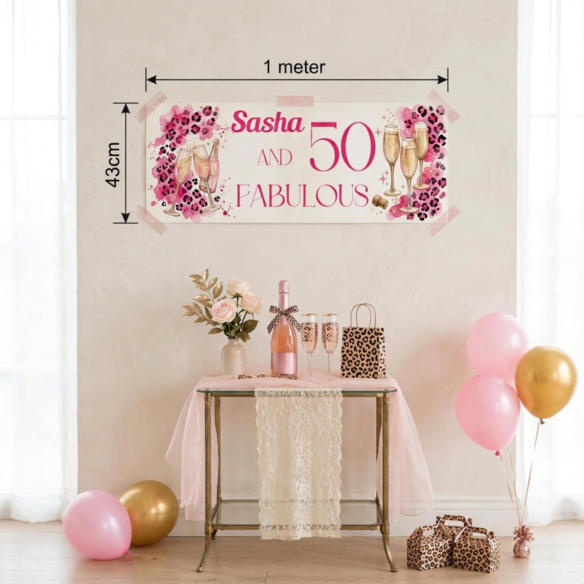 Personalised 50 and Fabulous Birthday Banner - Pink Leopard print wall decor
