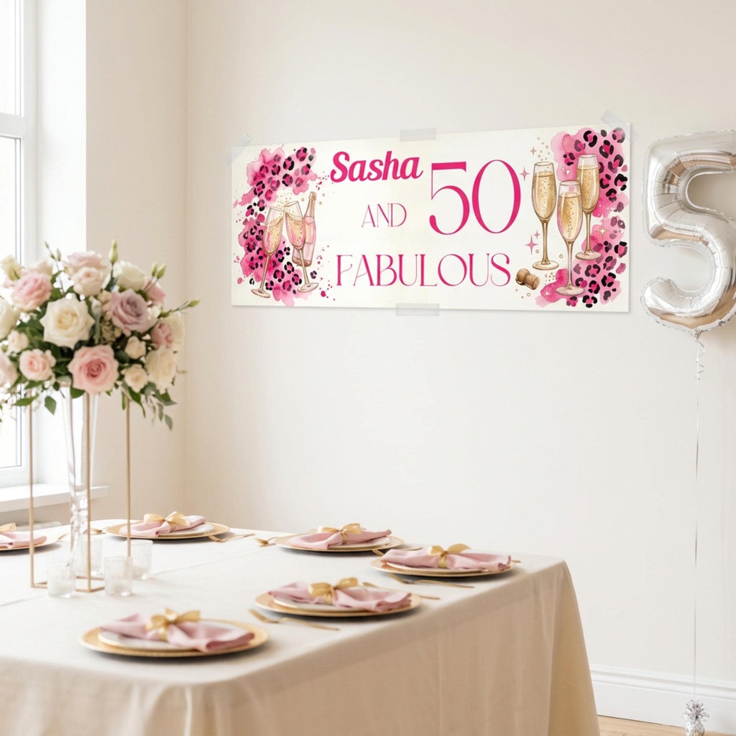 Personalised 50 and Fabulous Birthday Banner - Pink Leopard print wall decor