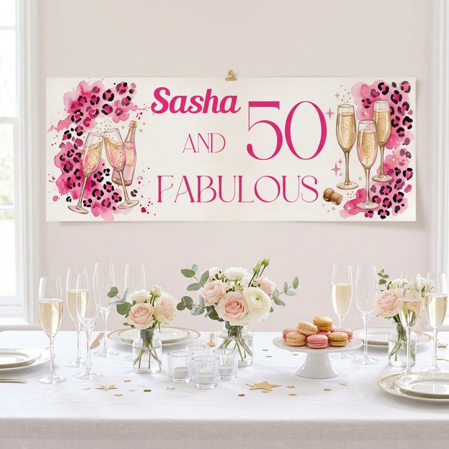 Personalised 50 and Fabulous Birthday Banner - Pink Leopard print wall decor