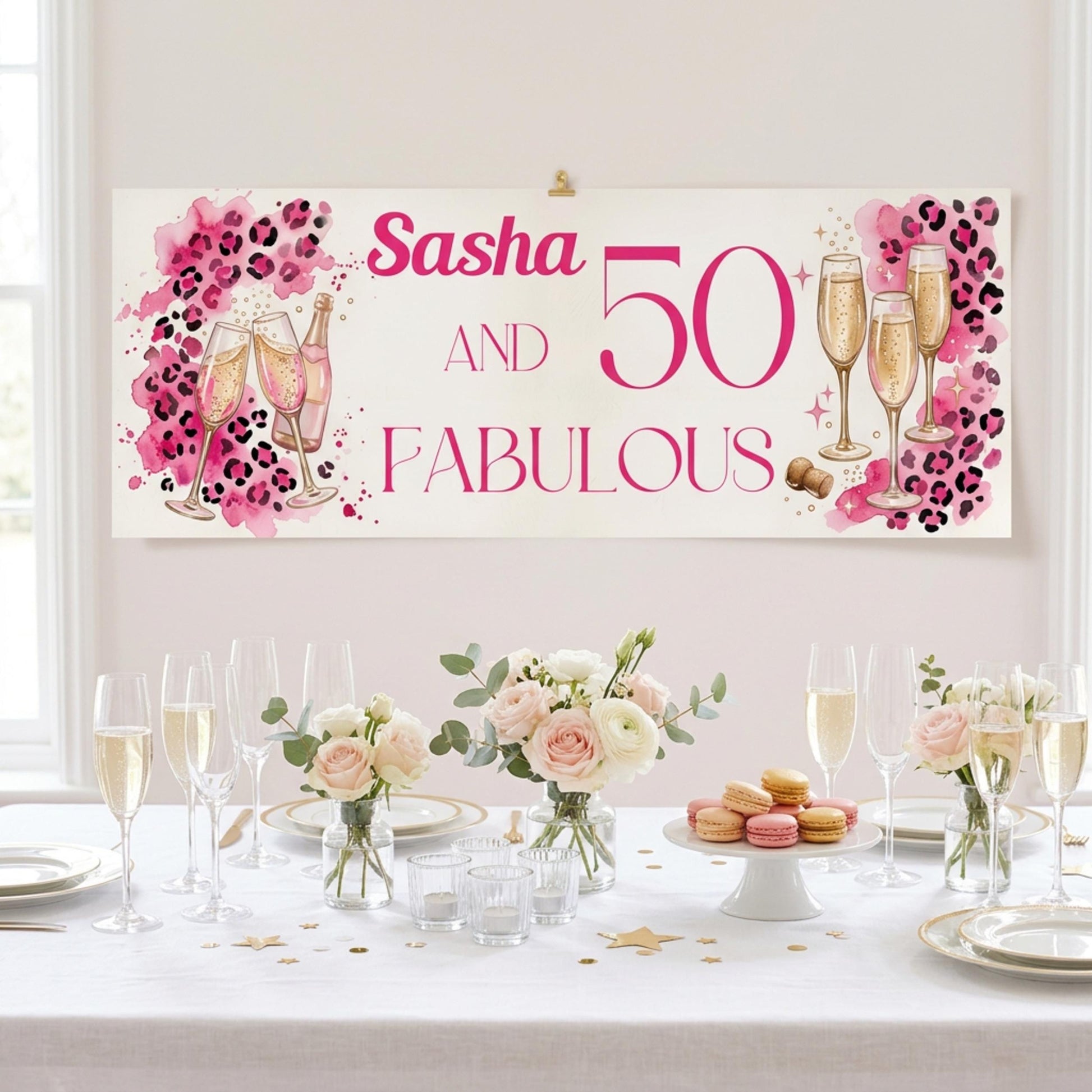 Personalised 50 and Fabulous Birthday Banner - Pink Leopard print wall decor