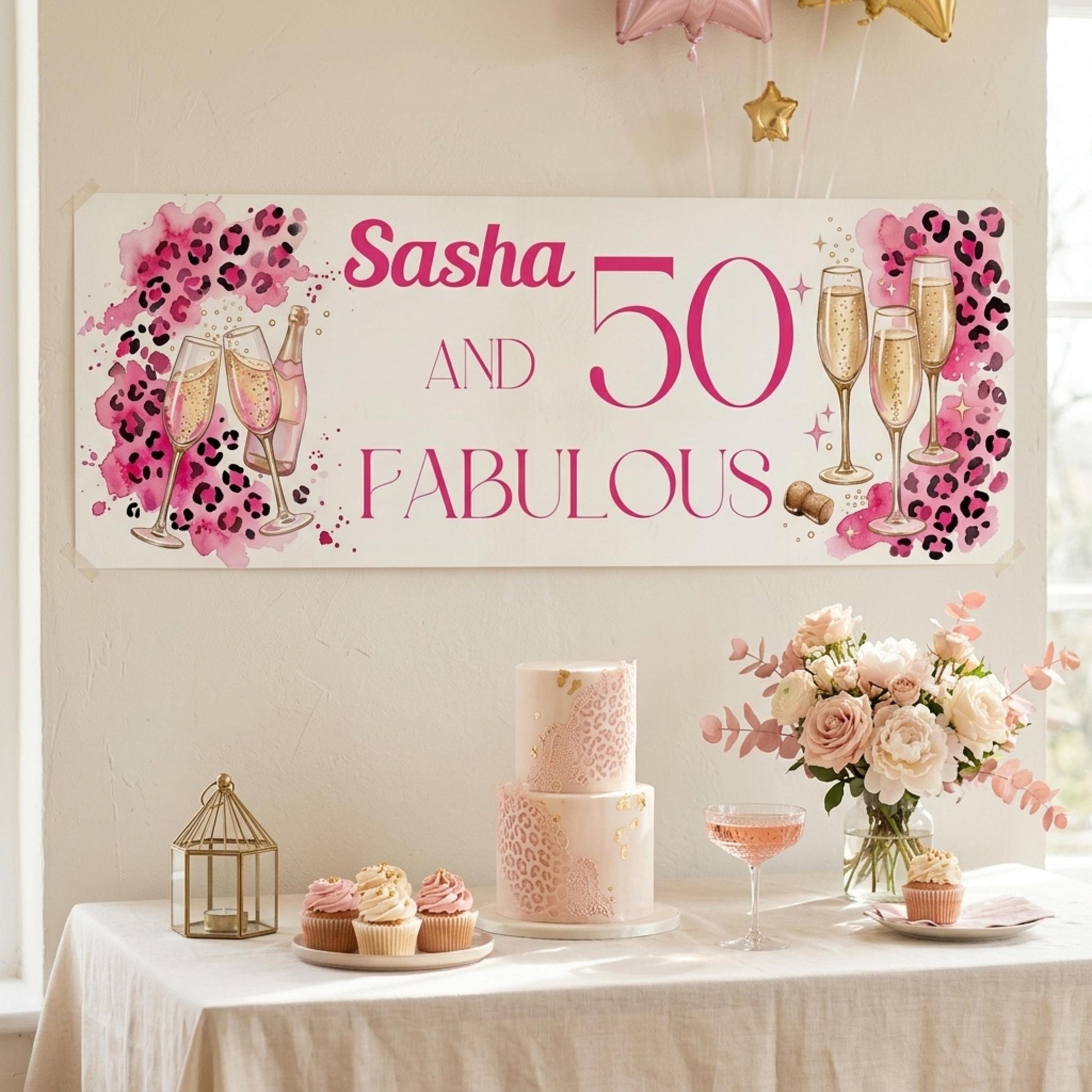 Personalised 50 and Fabulous Birthday Banner - Pink Leopard print wall decor