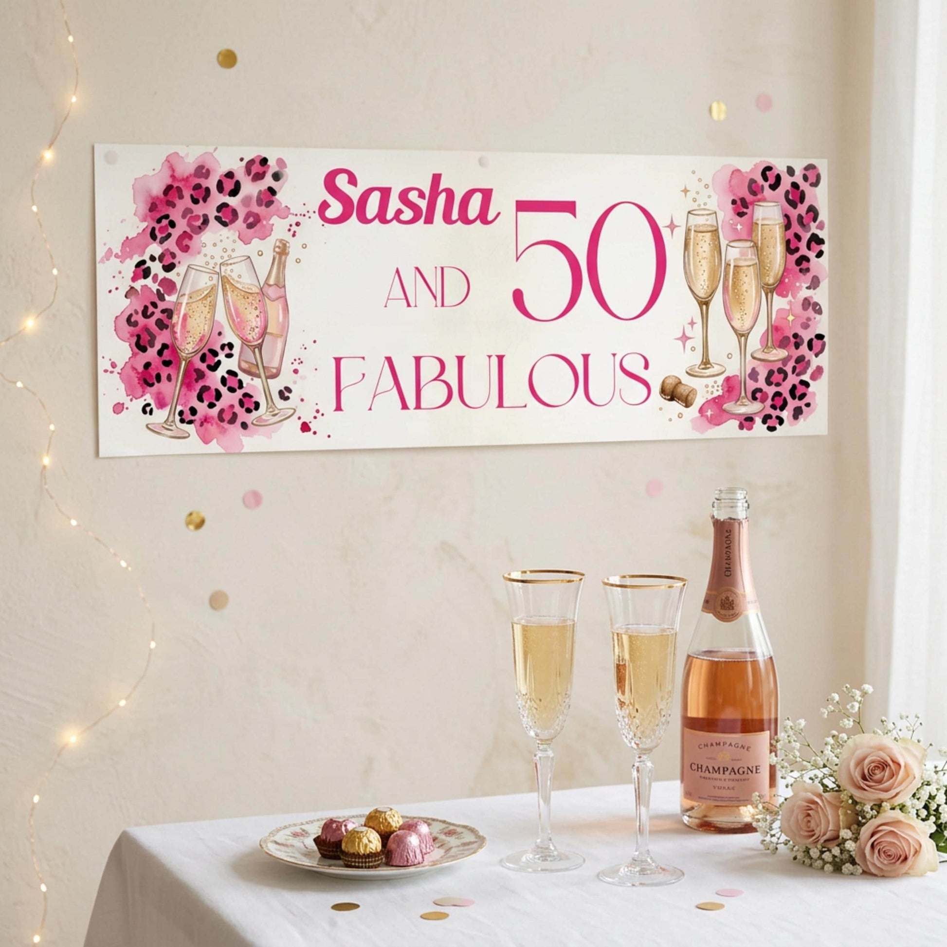 Personalised 50 and Fabulous Birthday Banner - Pink Leopard print wall decor