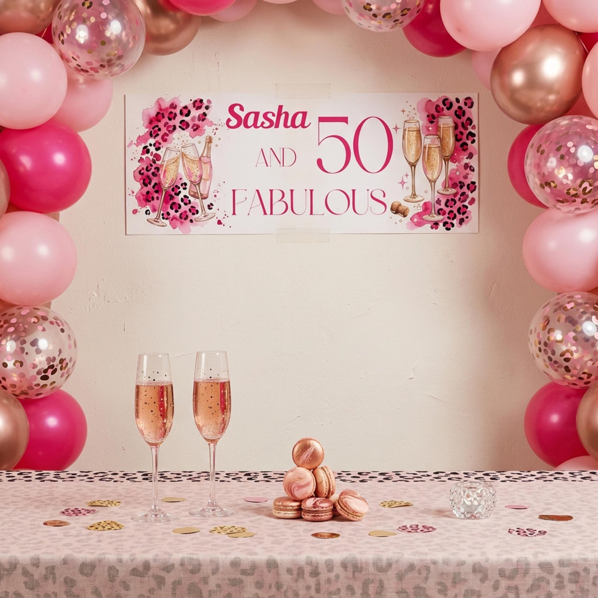 Personalised 50 and Fabulous Birthday Banner - Pink Leopard print wall decor