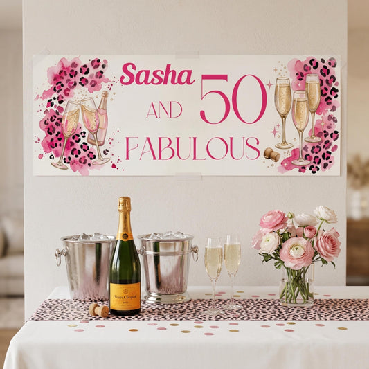 Personalised 50 and Fabulous Birthday Banner - Pink Leopard print wall decor