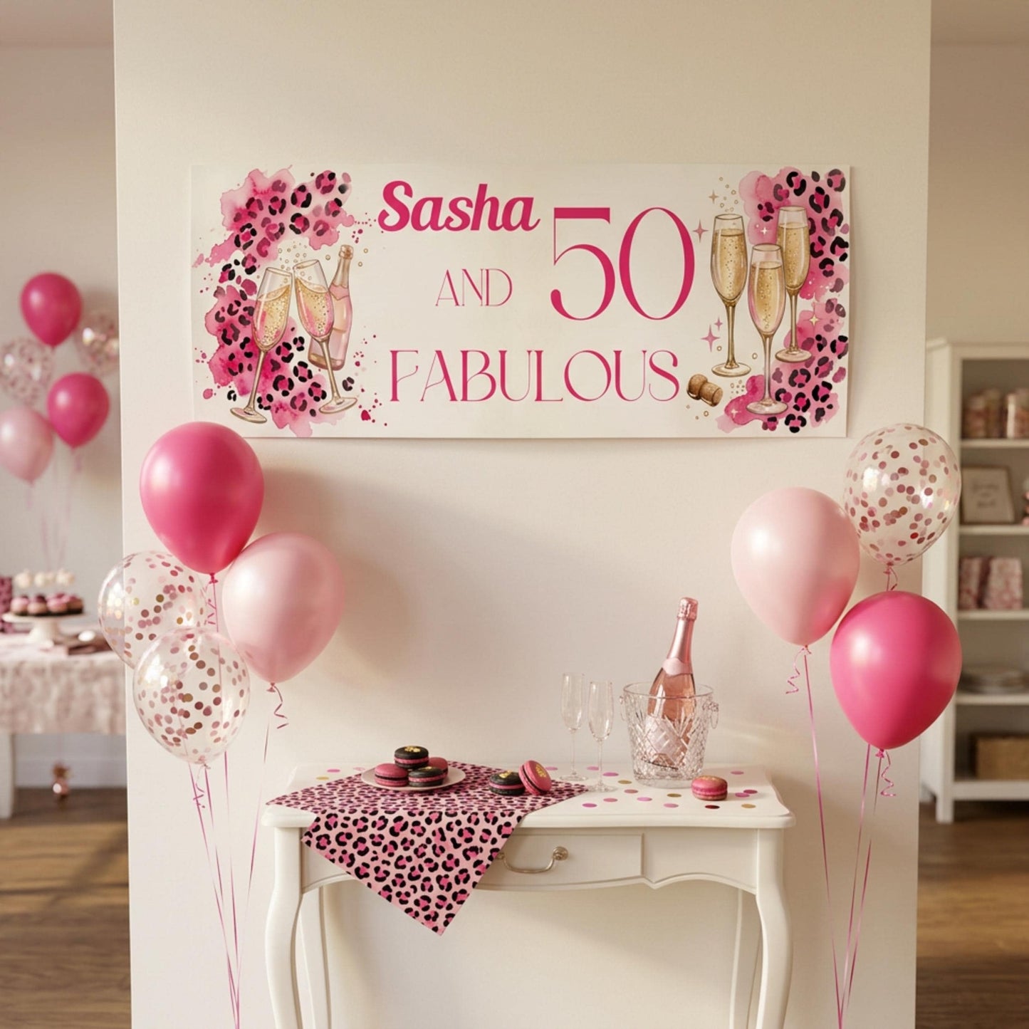 Personalised 50 and Fabulous Birthday Banner - Pink Leopard print wall decor
