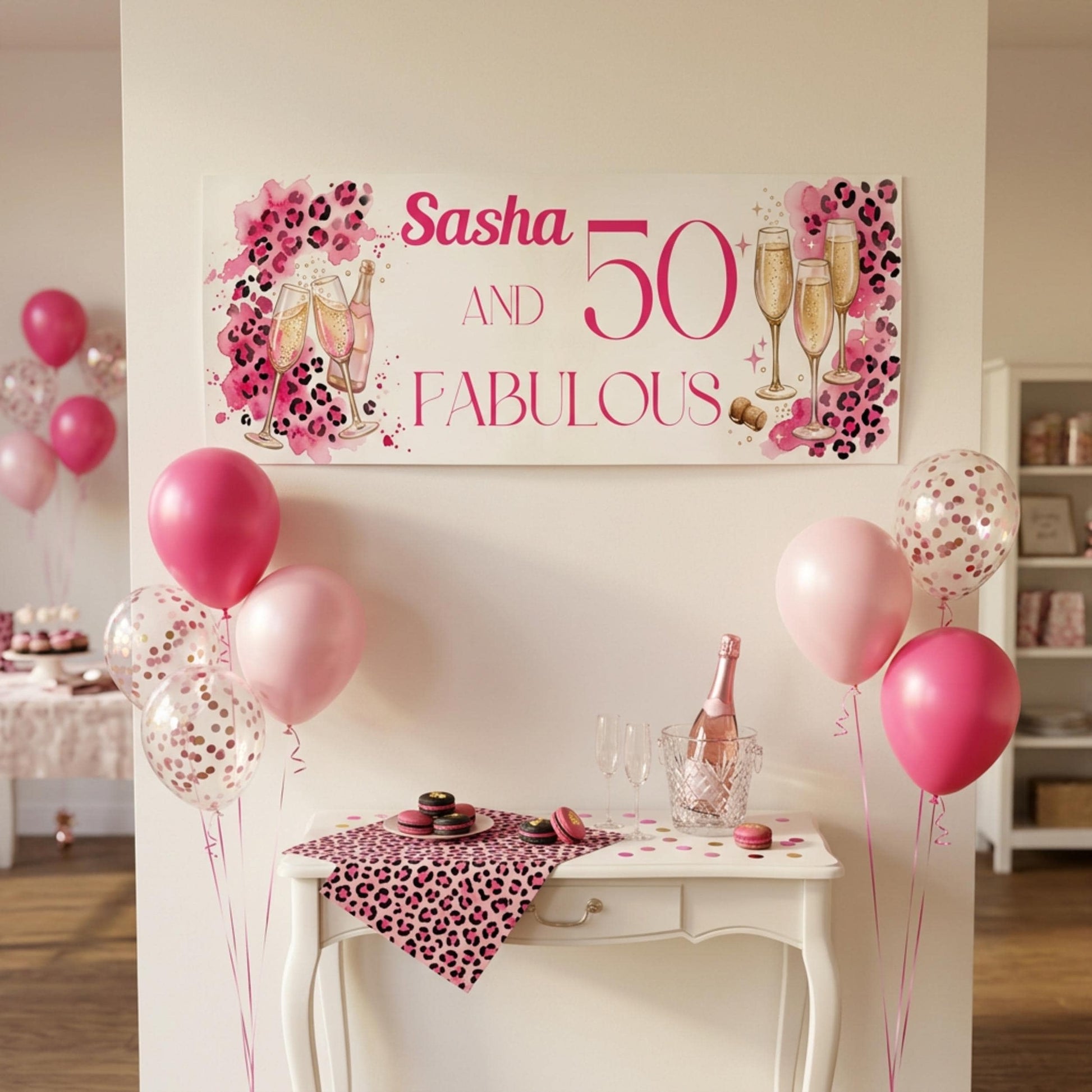 Personalised 50 and Fabulous Birthday Banner - Pink Leopard print wall decor