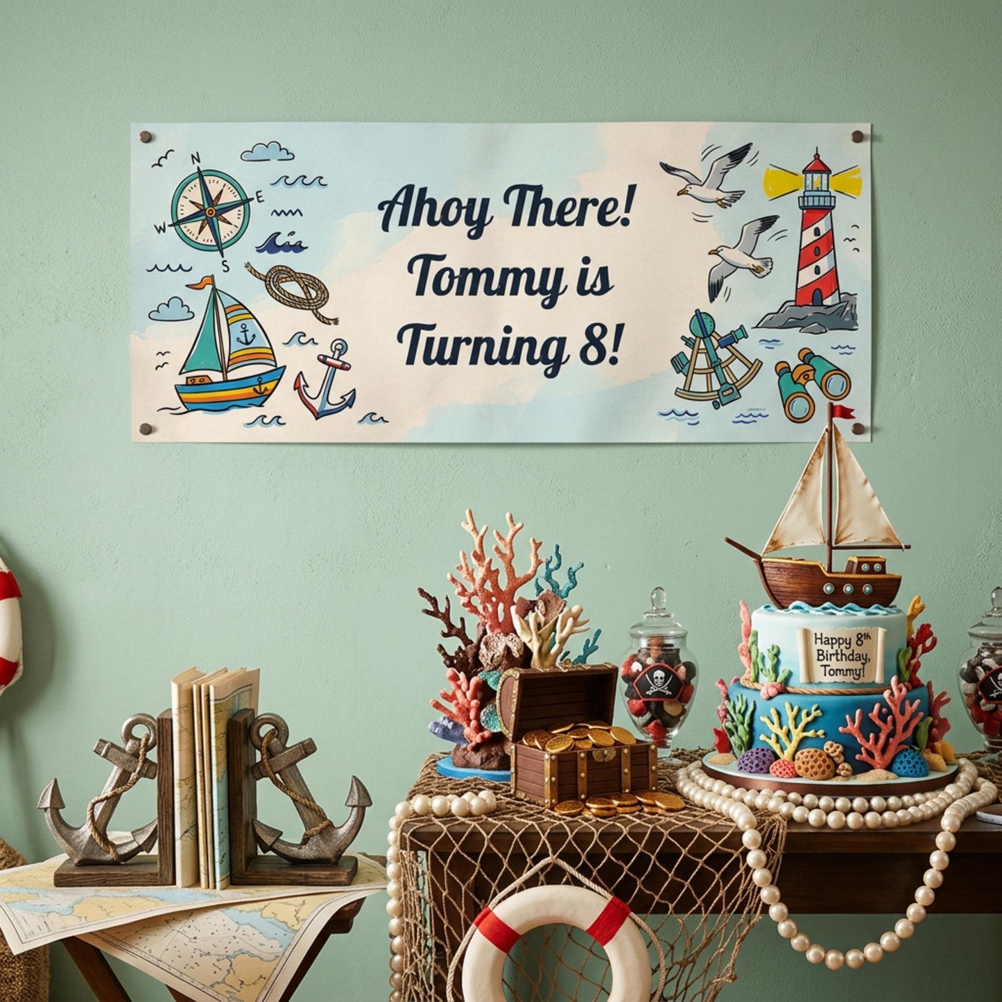 Personalised Nautical Birthday Banner - Ahoy Sailor Party Decor