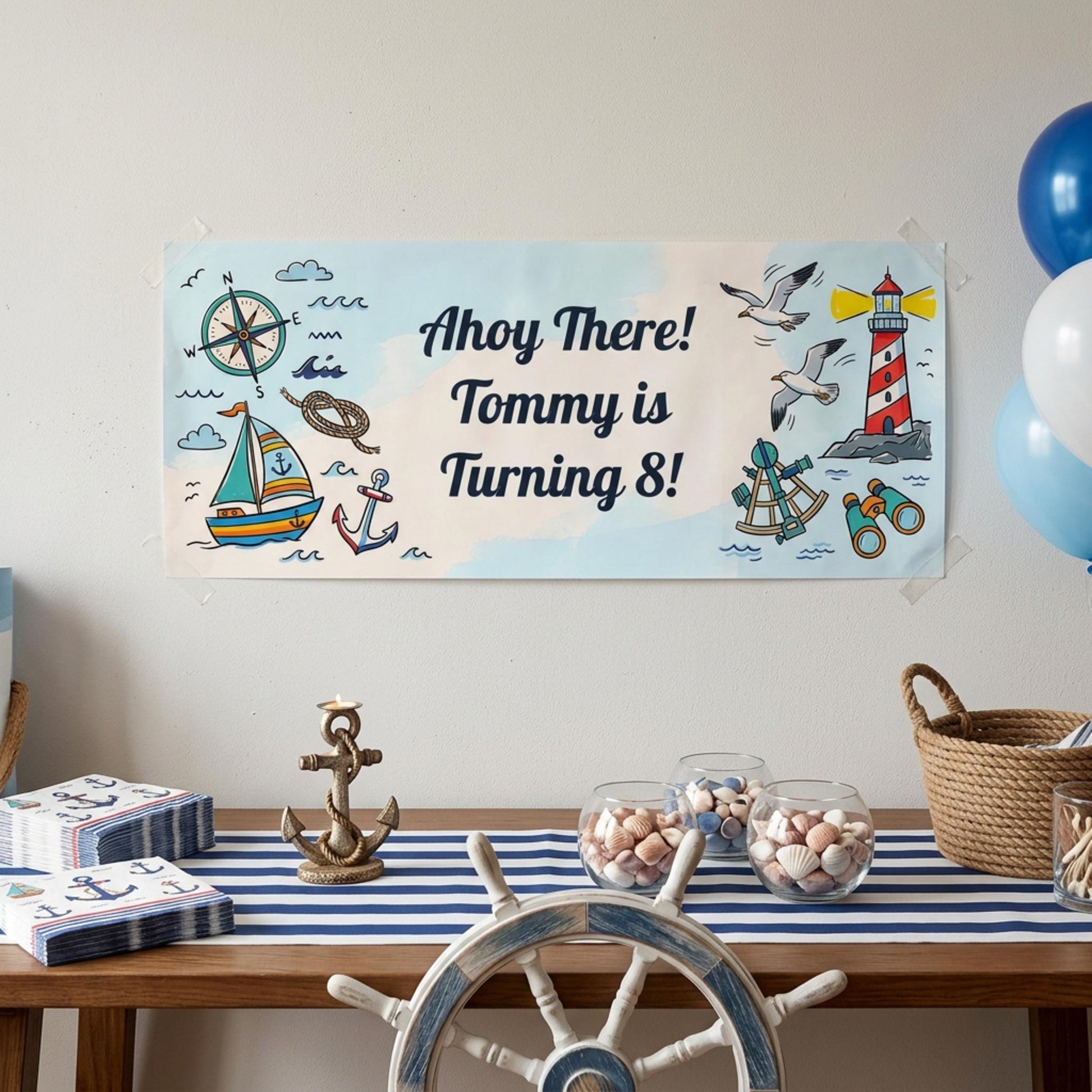 Personalised Nautical Birthday Banner - Ahoy Sailor Party Decor