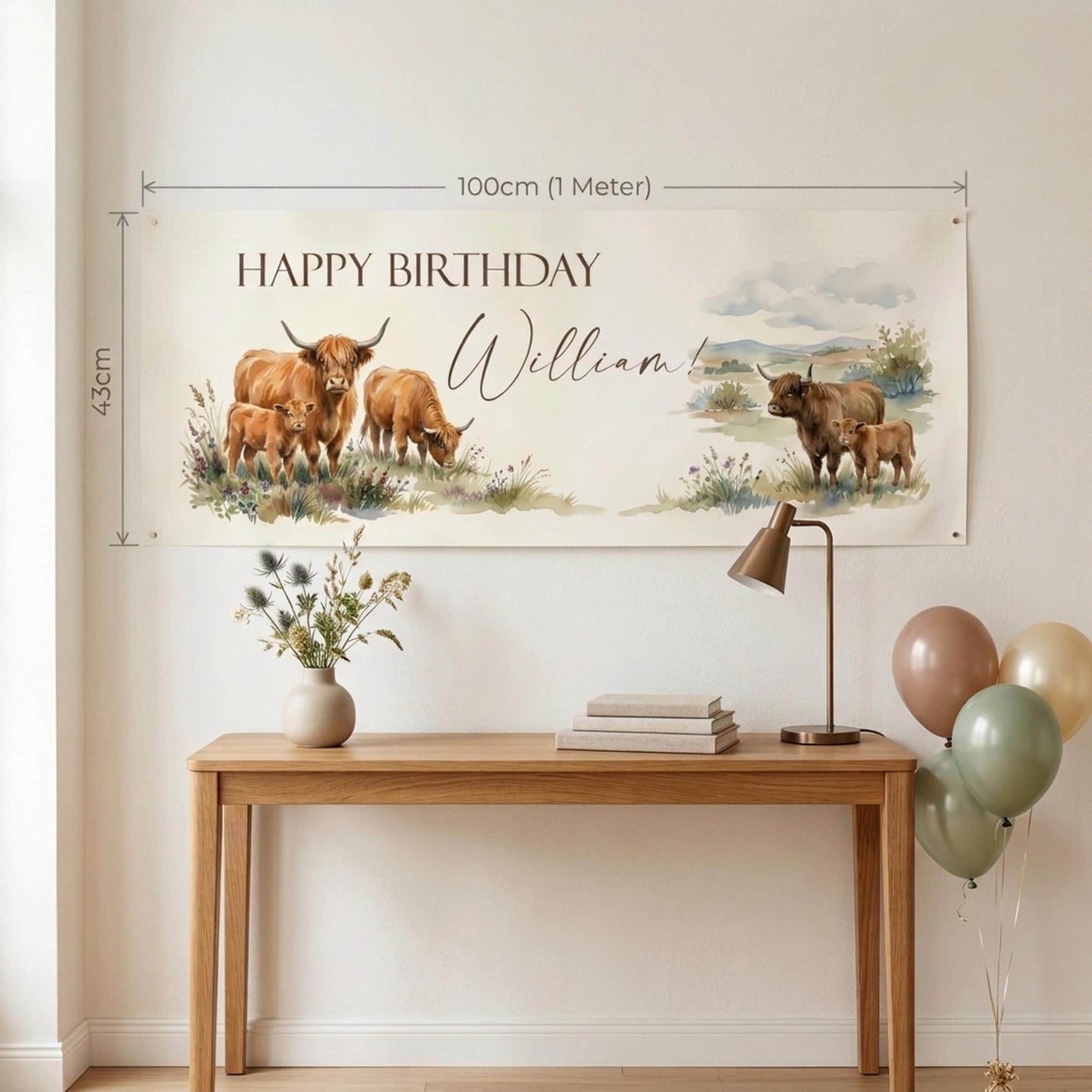 Personalised Highland Cow Birthday Banner for Him, Men's Rustic Scottish Decor