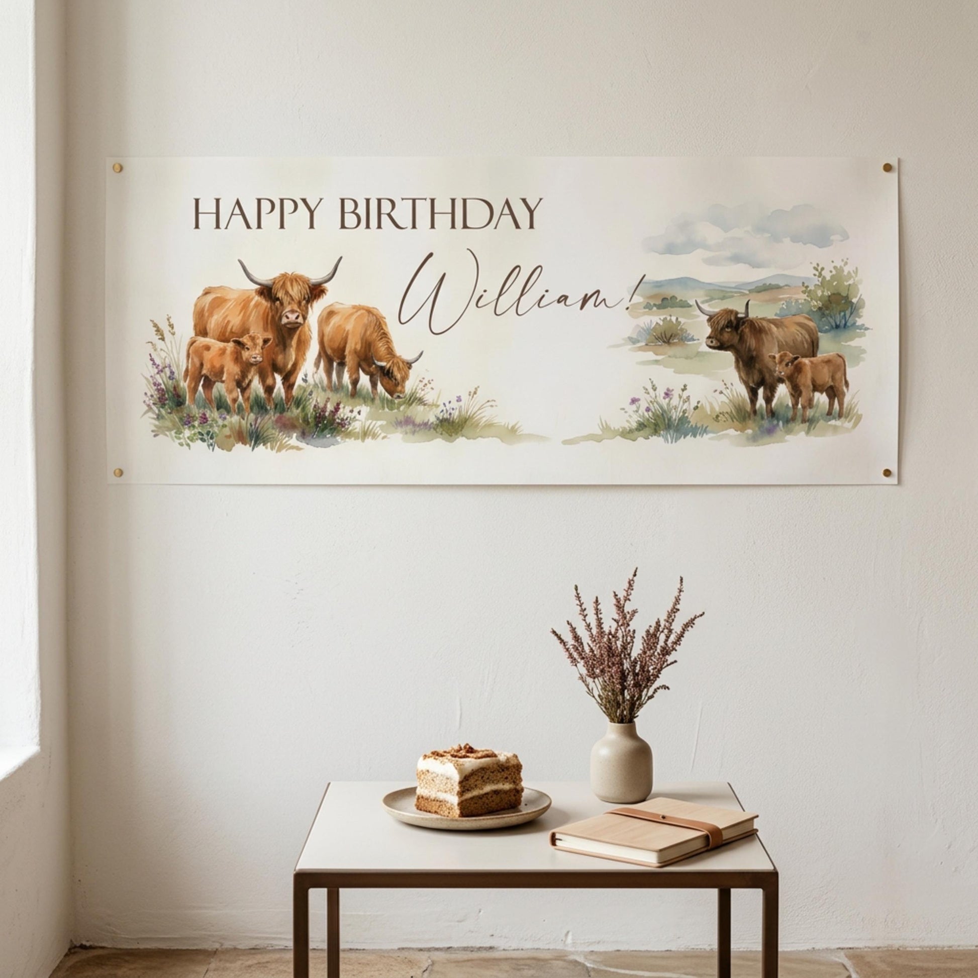 Personalised Highland Cow Birthday Banner for Him, Men's Rustic Scottish Decor