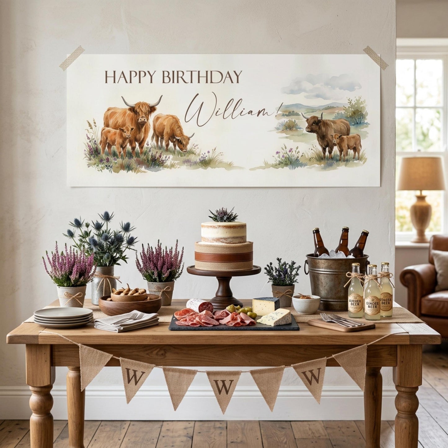 Personalised Highland Cow Birthday Banner for Him, Men's Rustic Scottish Decor