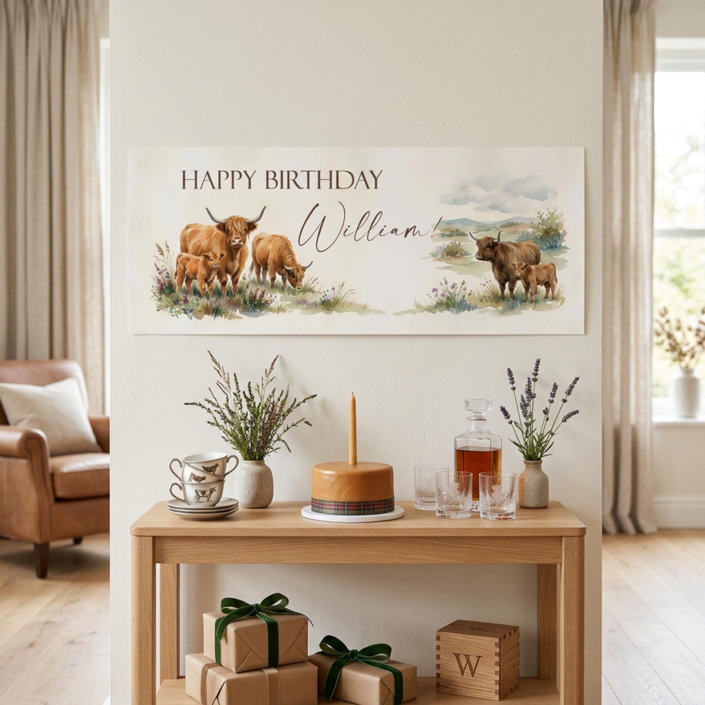 Personalised Highland Cow Birthday Banner for Him, Men's Rustic Scottish Decor