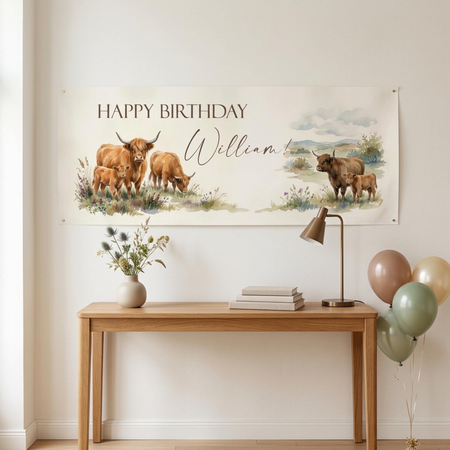 Personalised Highland Cow Birthday Banner for Him, Men's Rustic Scottish Decor