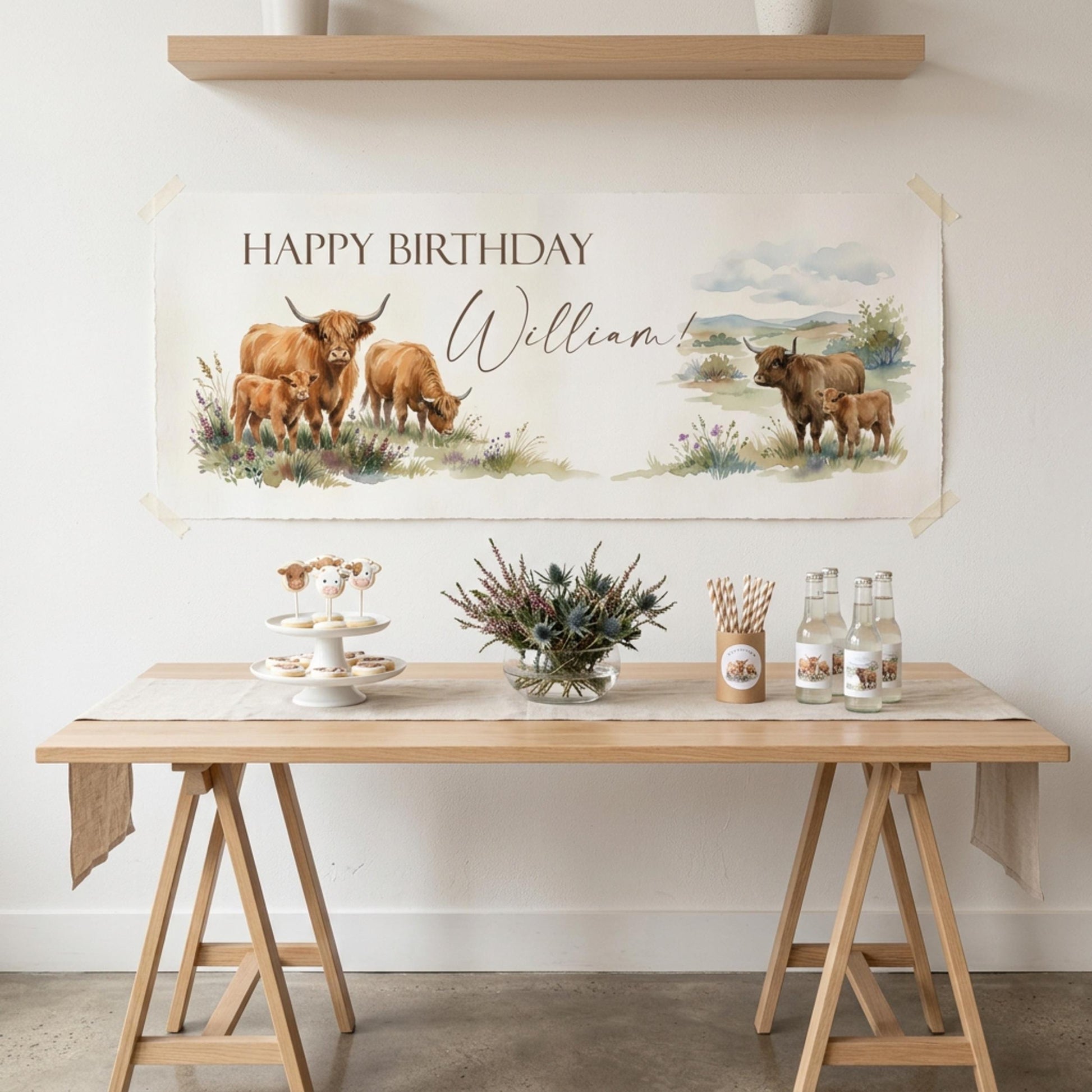 Personalised Highland Cow Birthday Banner for Him, Men's Rustic Scottish Decor