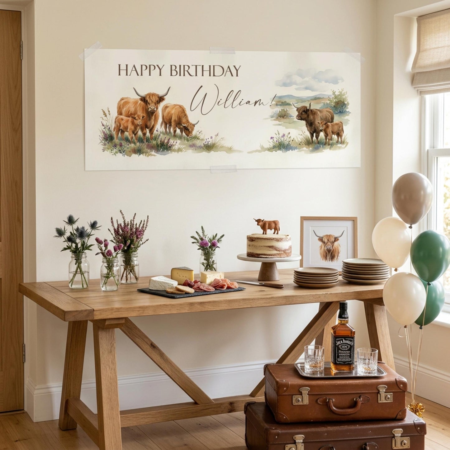 Personalised Highland Cow Birthday Banner for Him, Men's Rustic Scottish Decor