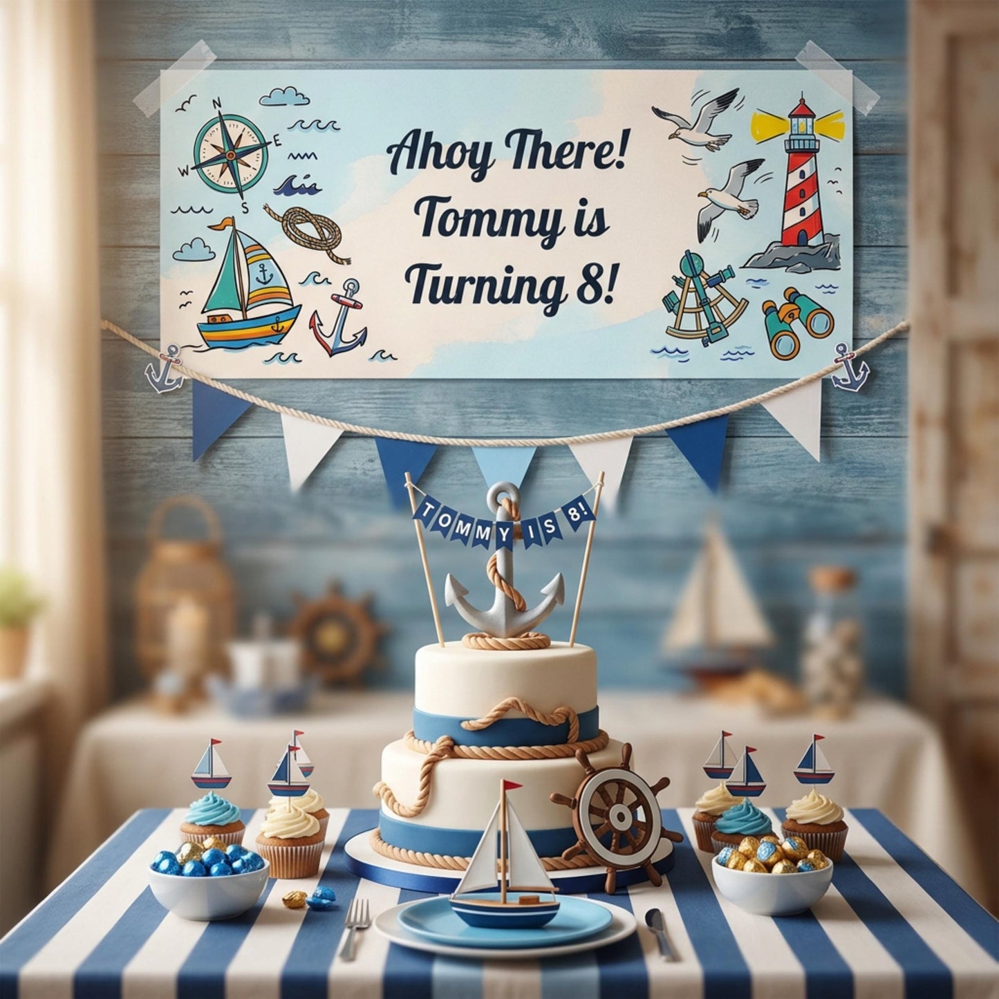 Personalised Nautical Birthday Banner - Ahoy Sailor Party Decor