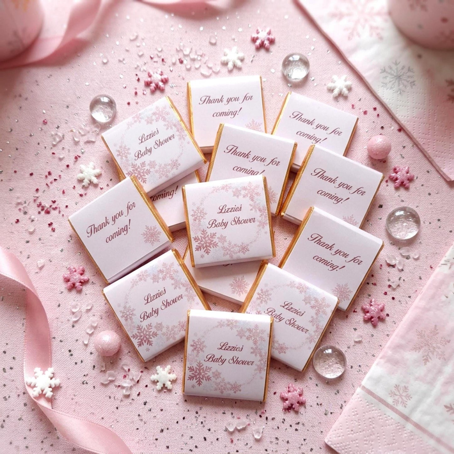 Personalised Snowflake Baby Shower Favours - Pink Winter Wonderland Chocolates