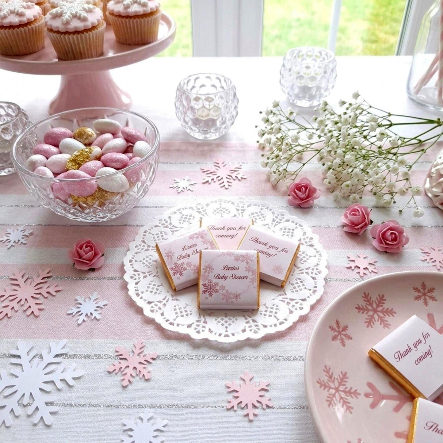 Personalised Snowflake Baby Shower Favours - Pink Winter Wonderland Chocolates