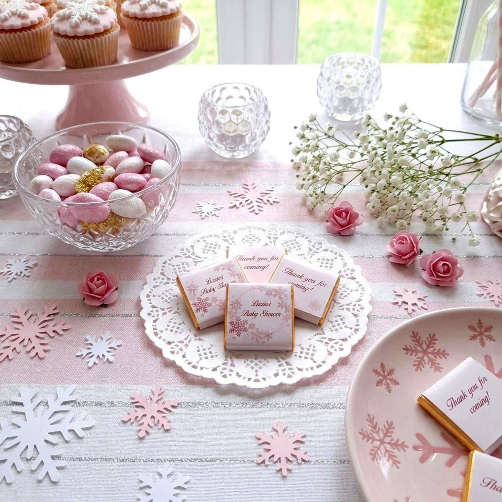 Personalised Snowflake Baby Shower Favours - Pink Winter Wonderland Chocolates