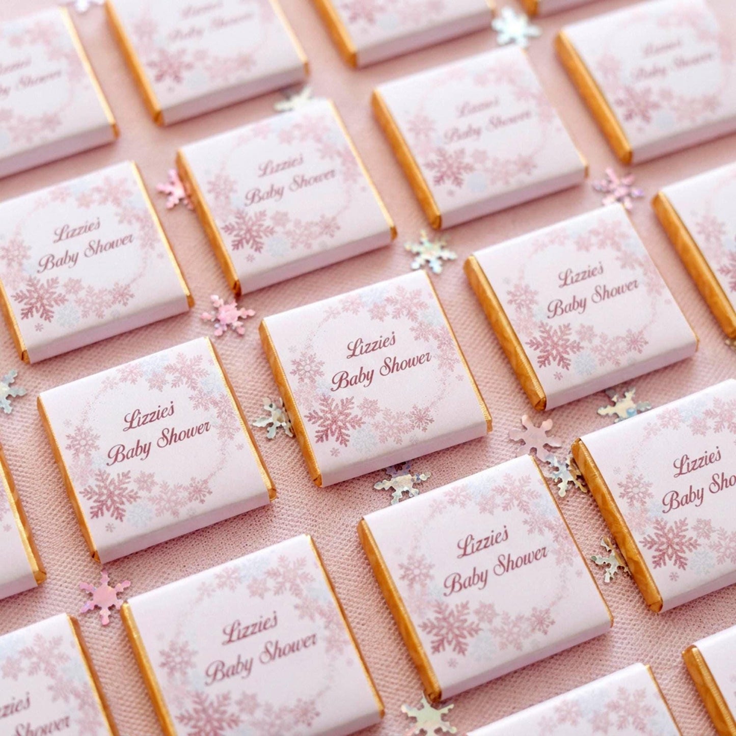 Personalised Snowflake Baby Shower Favours - Pink Winter Wonderland Chocolates