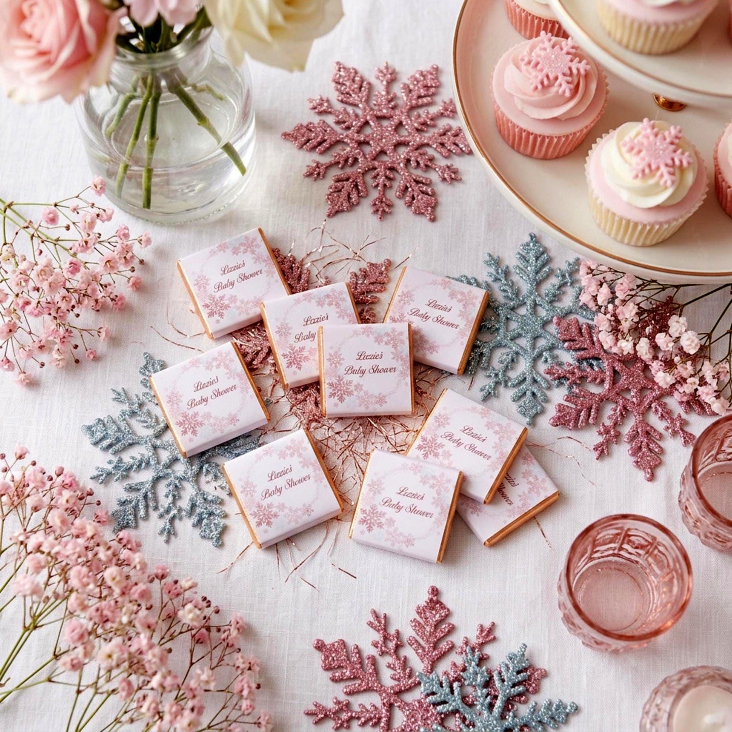 Personalised Snowflake Baby Shower Favours - Pink Winter Wonderland Chocolates