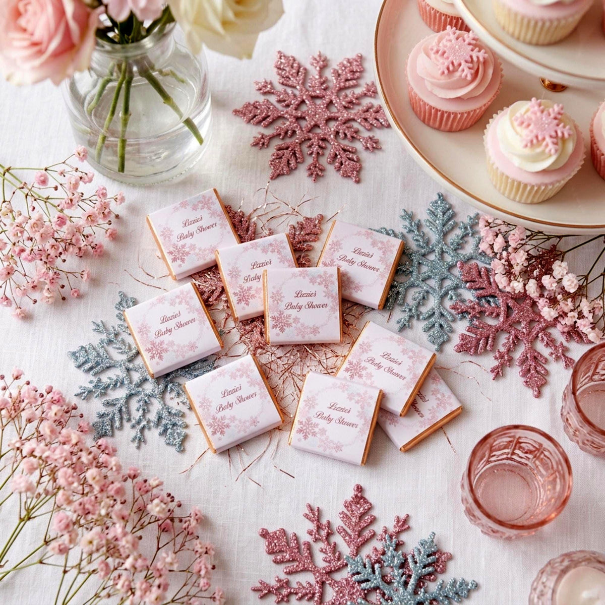Personalised Snowflake Baby Shower Favours - Pink Winter Wonderland Chocolates