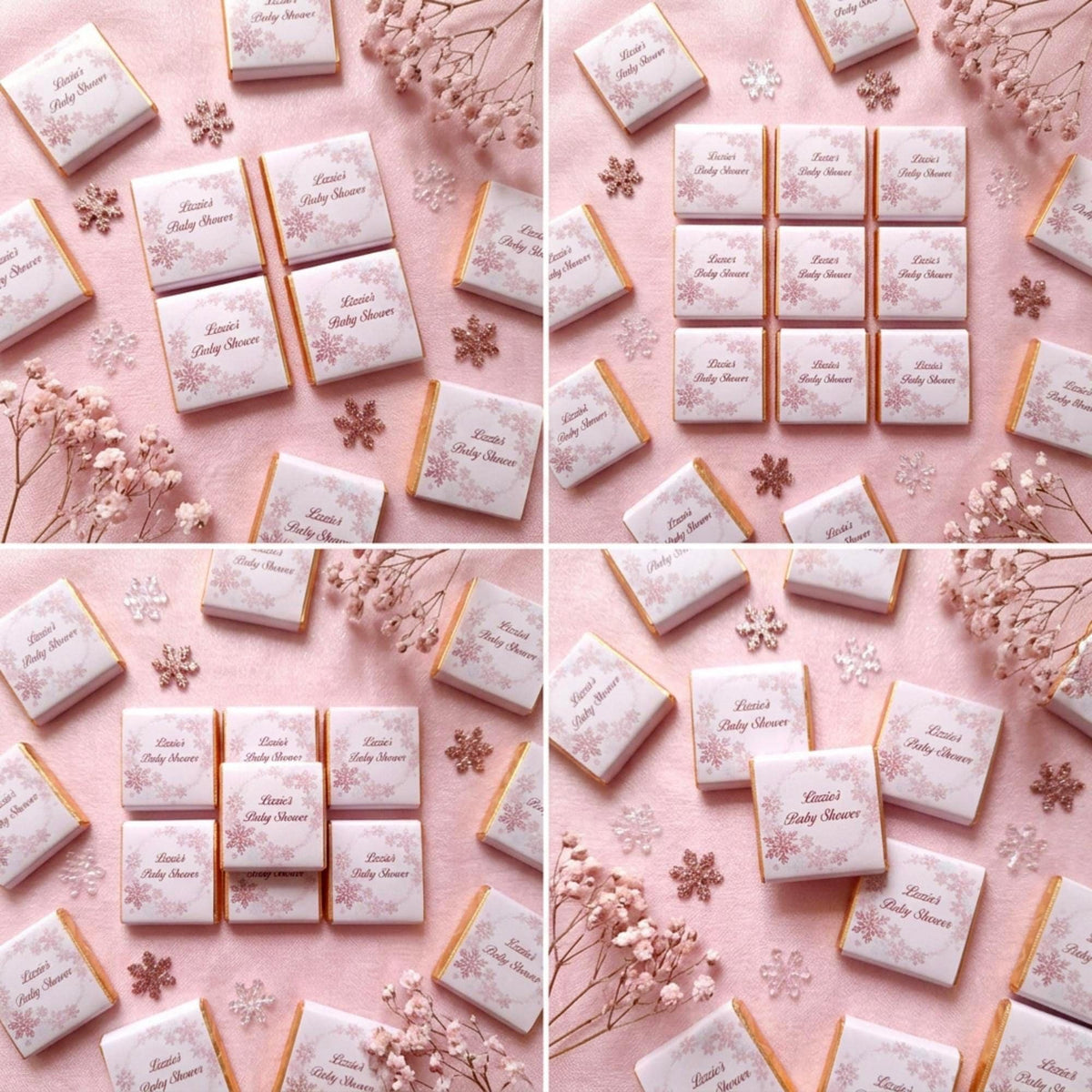 Personalised Snowflake Baby Shower Favours - Pink Winter Wonderland Chocolates