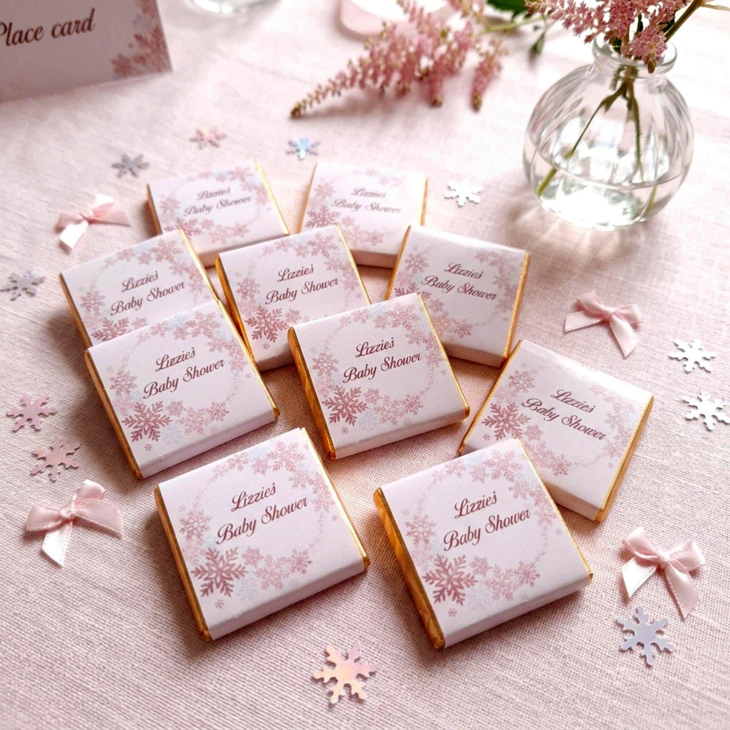 Personalised Snowflake Baby Shower Favours - Pink Winter Wonderland Chocolates
