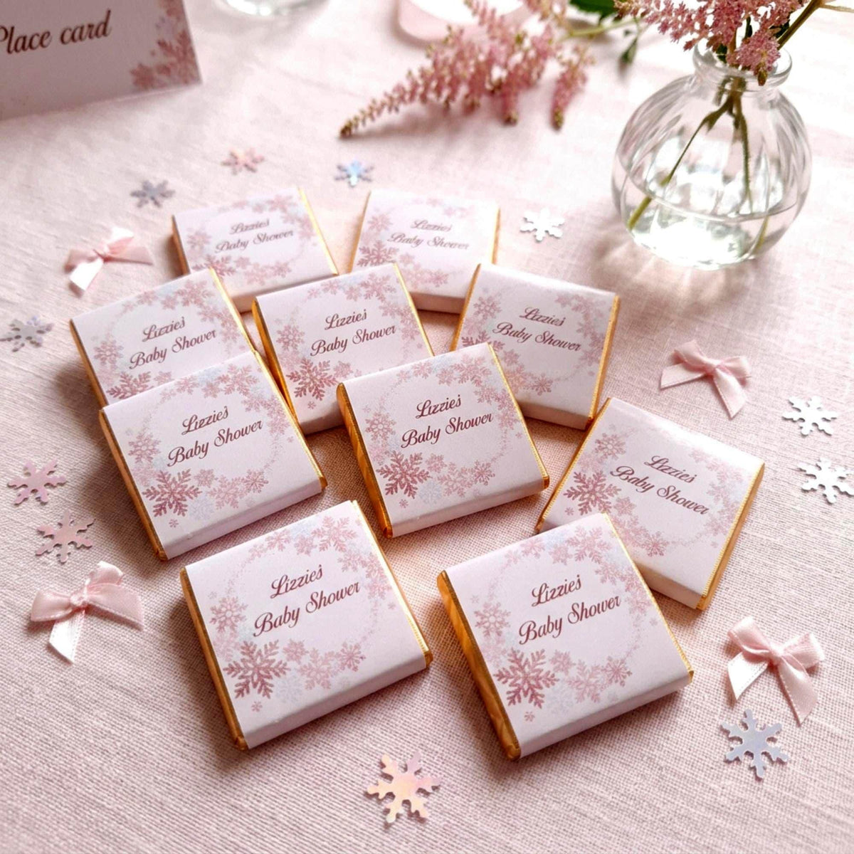 Personalised Snowflake Baby Shower Favours - Pink Winter Wonderland Chocolates