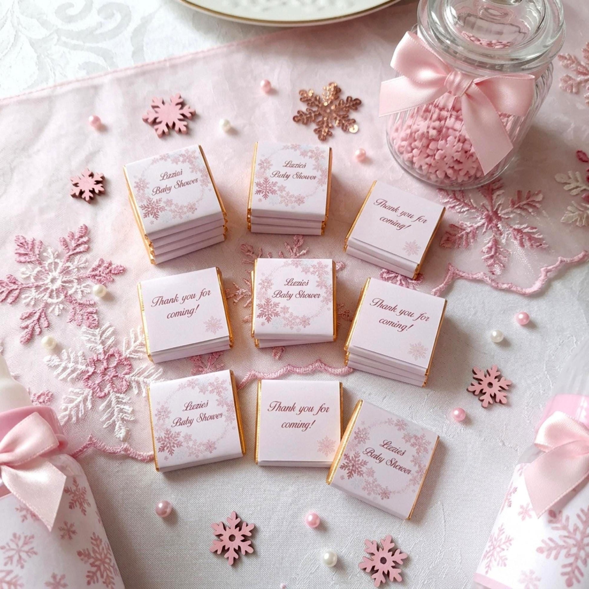 Personalised Snowflake Baby Shower Favours - Pink Winter Wonderland Chocolates