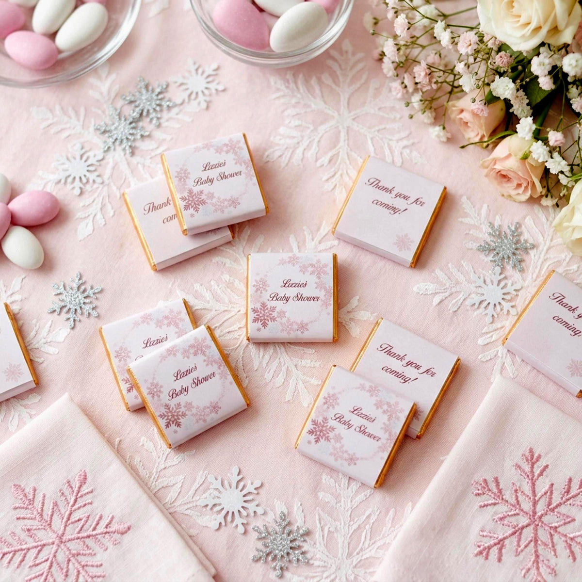 Personalised Snowflake Baby Shower Favours - Pink Winter Wonderland Chocolates