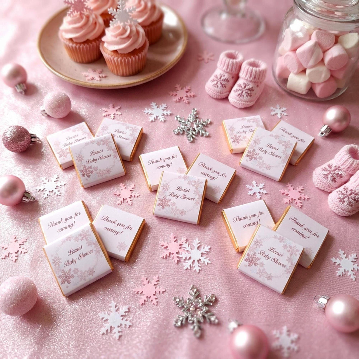 Personalised Snowflake Baby Shower Favours - Pink Winter Wonderland Chocolates