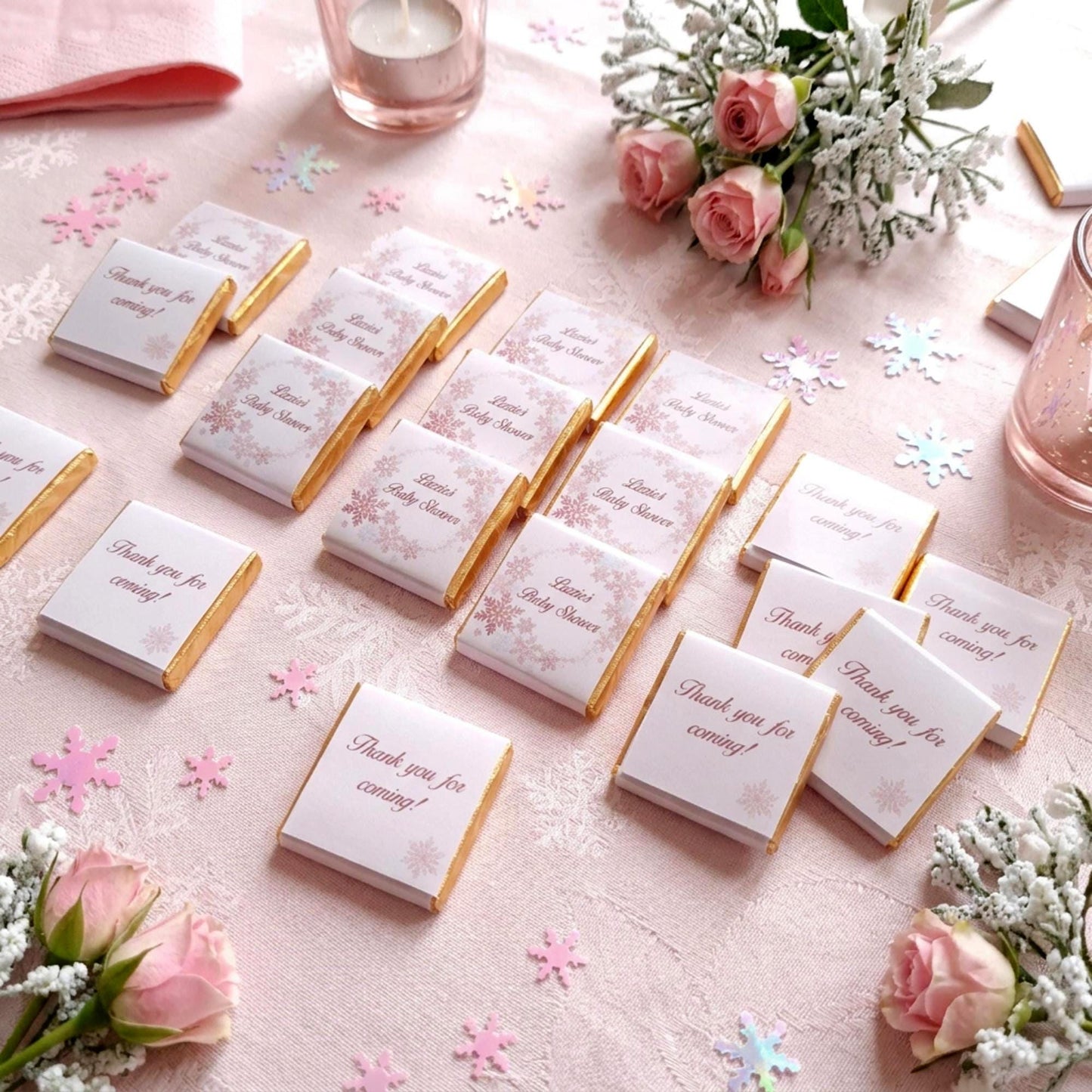 Personalised Snowflake Baby Shower Favours - Pink Winter Wonderland Chocolates
