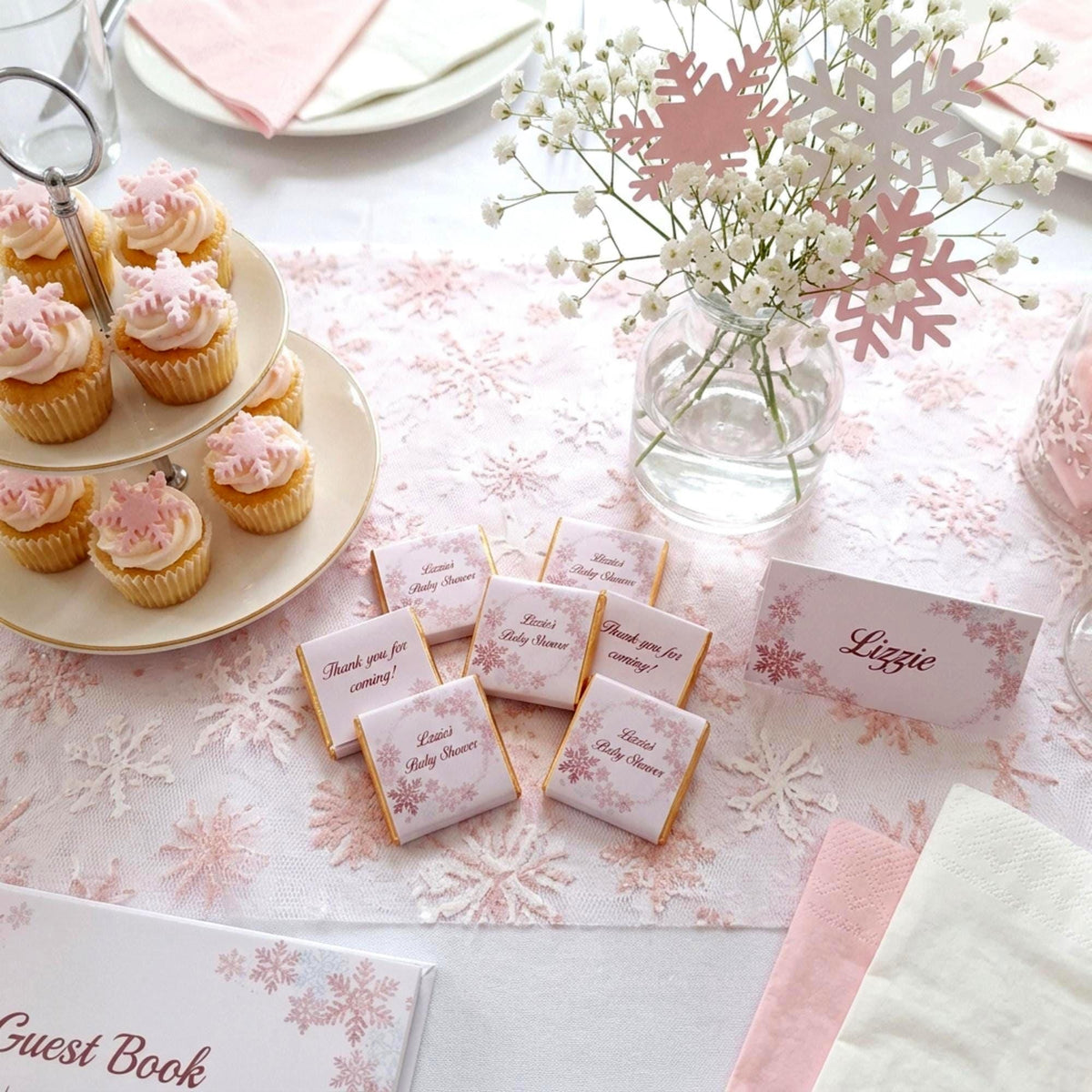 Personalised Snowflake Baby Shower Favours - Pink Winter Wonderland Chocolates